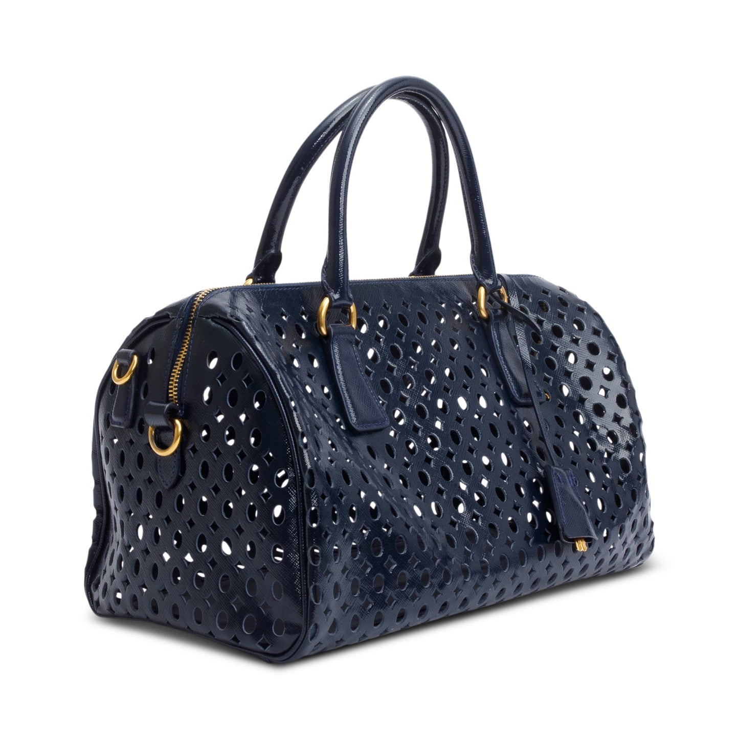 Prada Blue Saffiano Vernice Leather Fori Bauletto