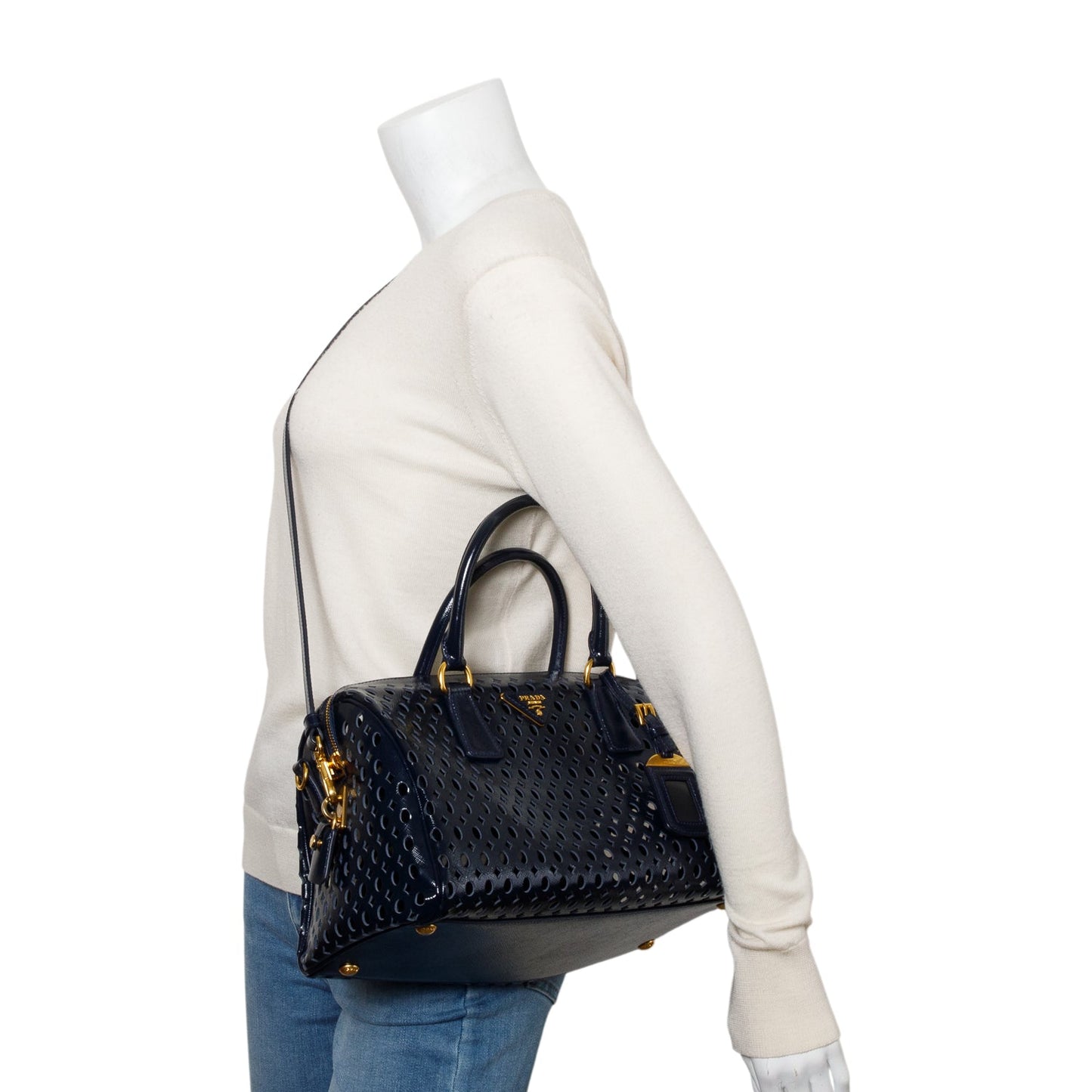Prada Blue Saffiano Vernice Leather Fori Bauletto