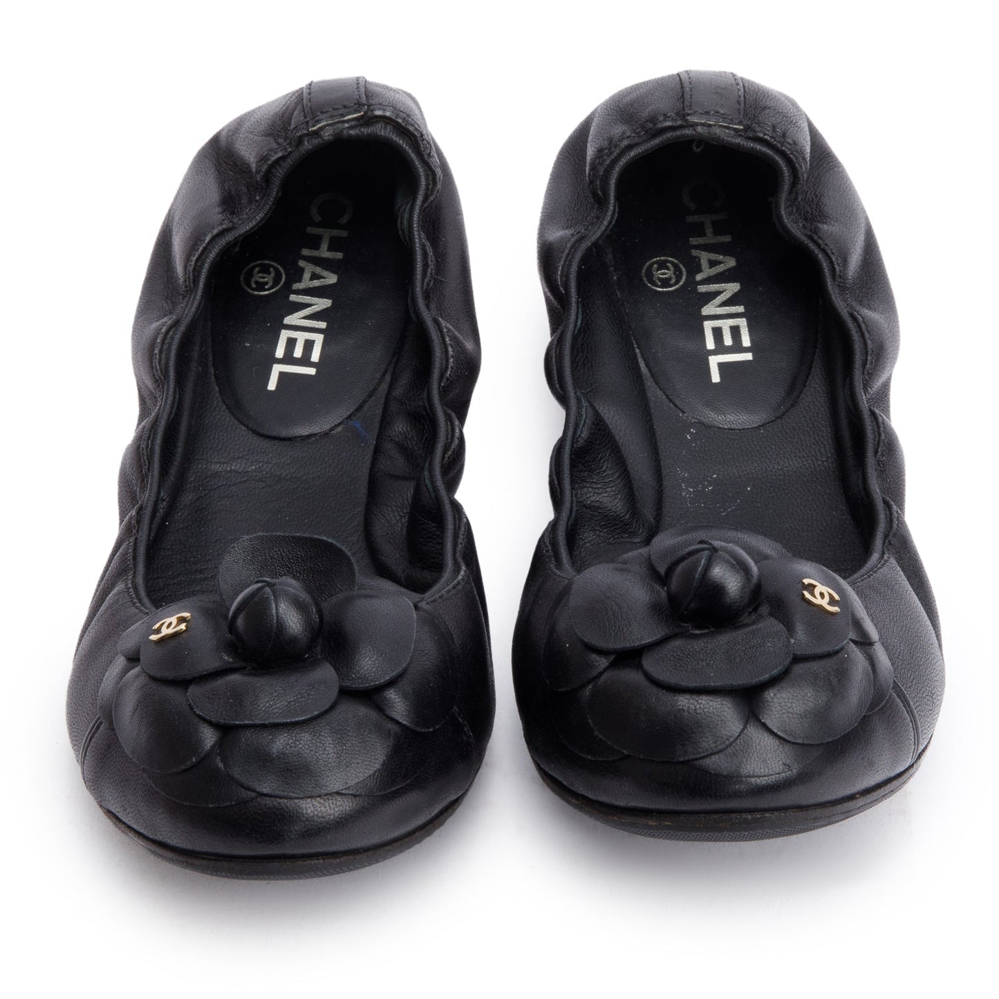Chanel Black Leather Interlocking CC Logo Camellia Ballet Flats, Size 37.5