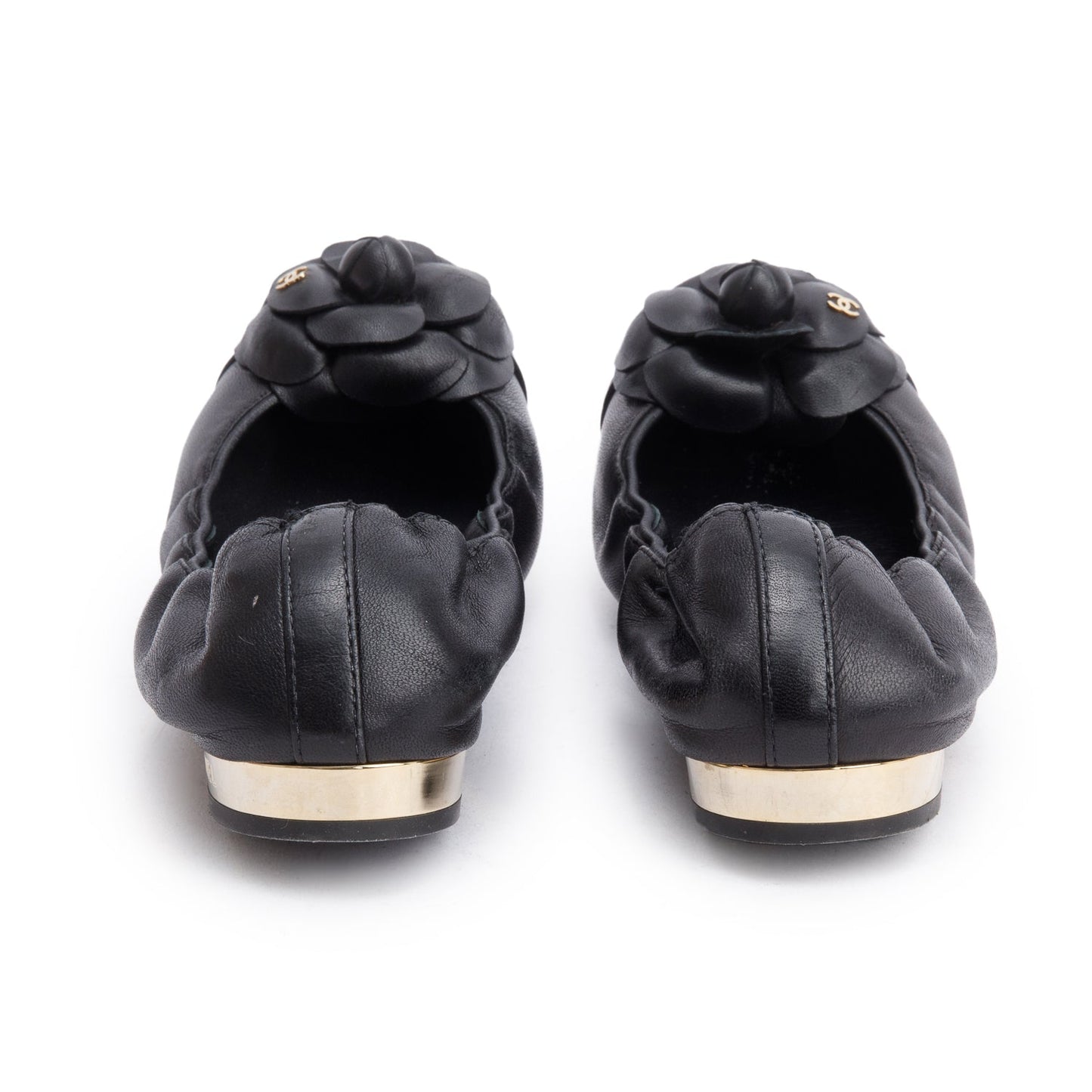 Chanel Black Leather Interlocking CC Logo Camellia Ballet Flats, Size 37.5