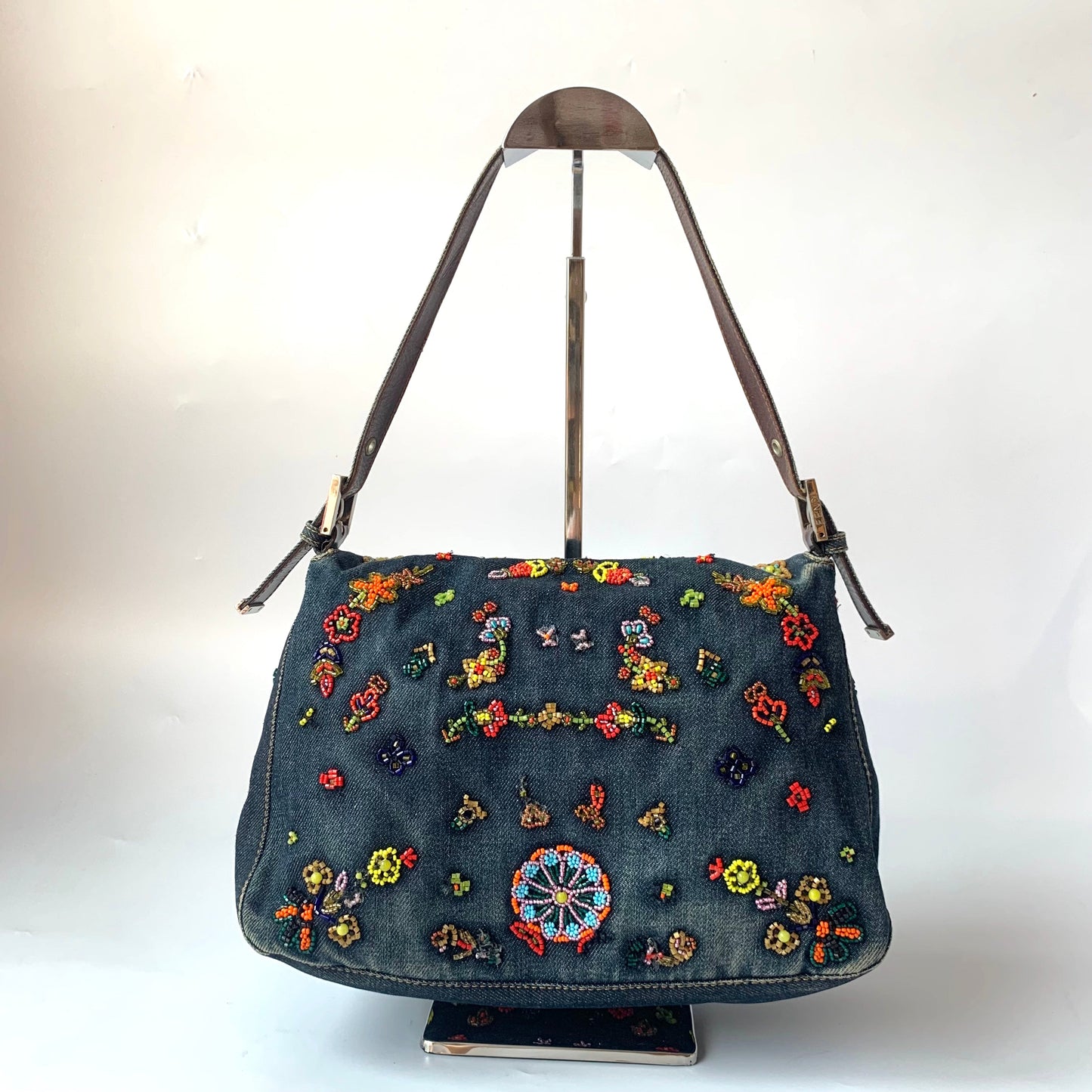 FENDI Mamma Baguette Blue Denim with Floral Beads