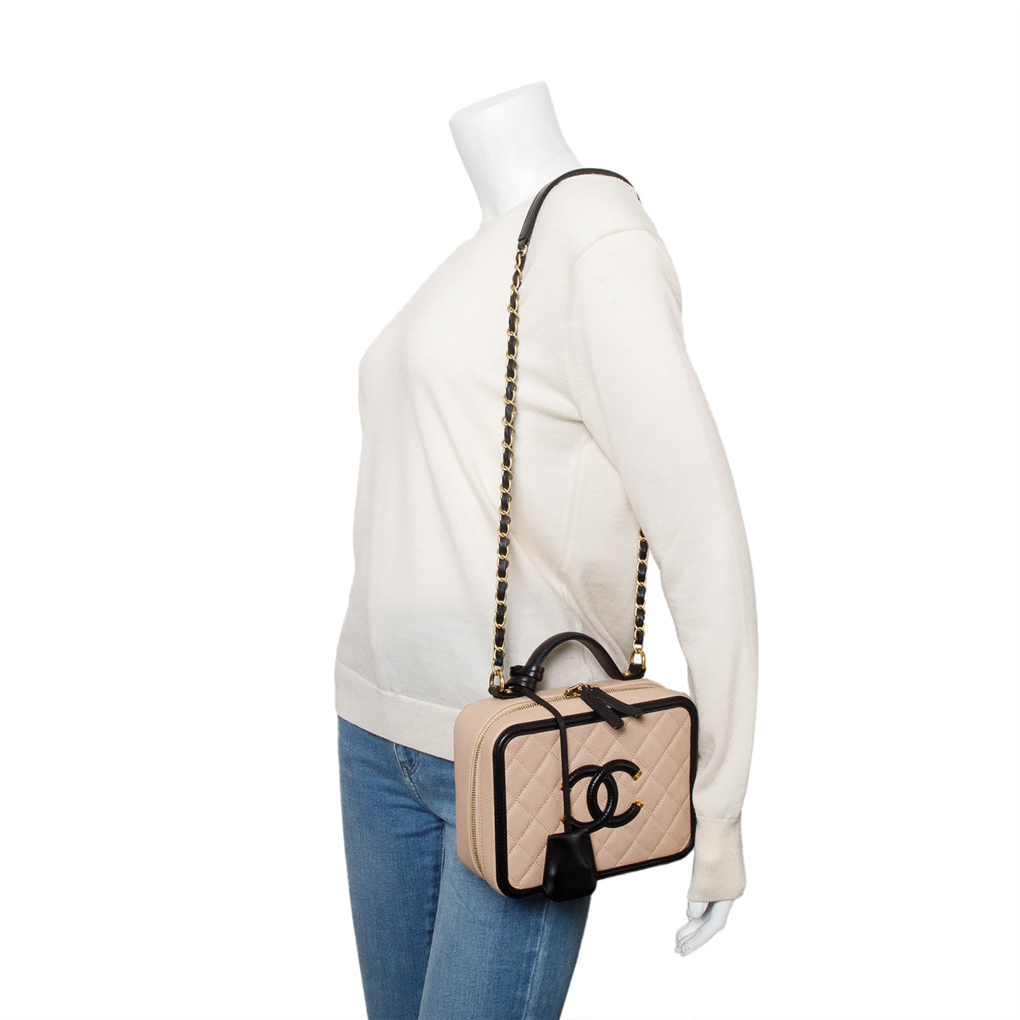 Chanel Beige Caviar Quilted Leather CC Filigree Medium Vanity Case
