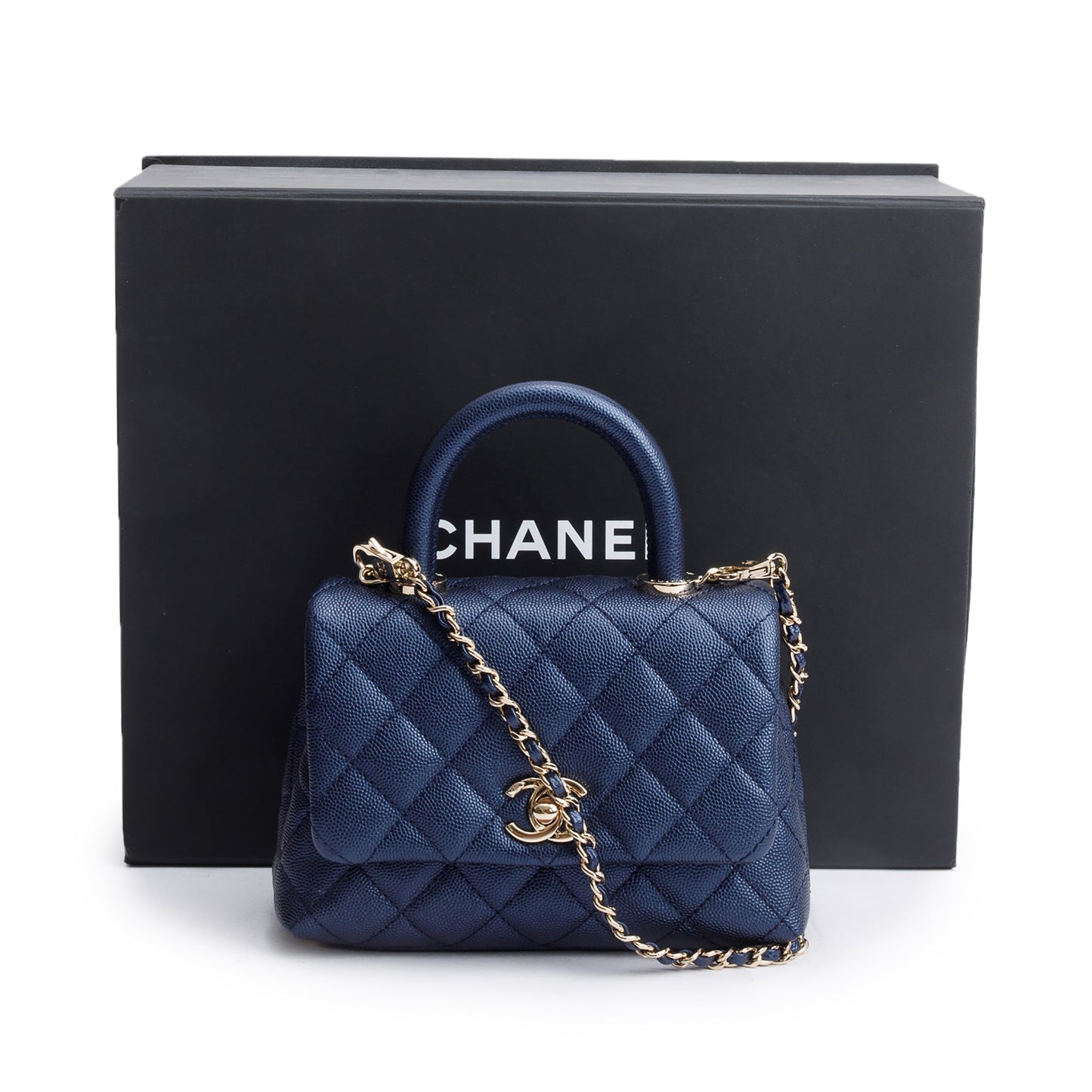 Chanel 2020 Blue Irisdescent Quilted Caviar Leather Mini Coco Top Handle Flap Bag
