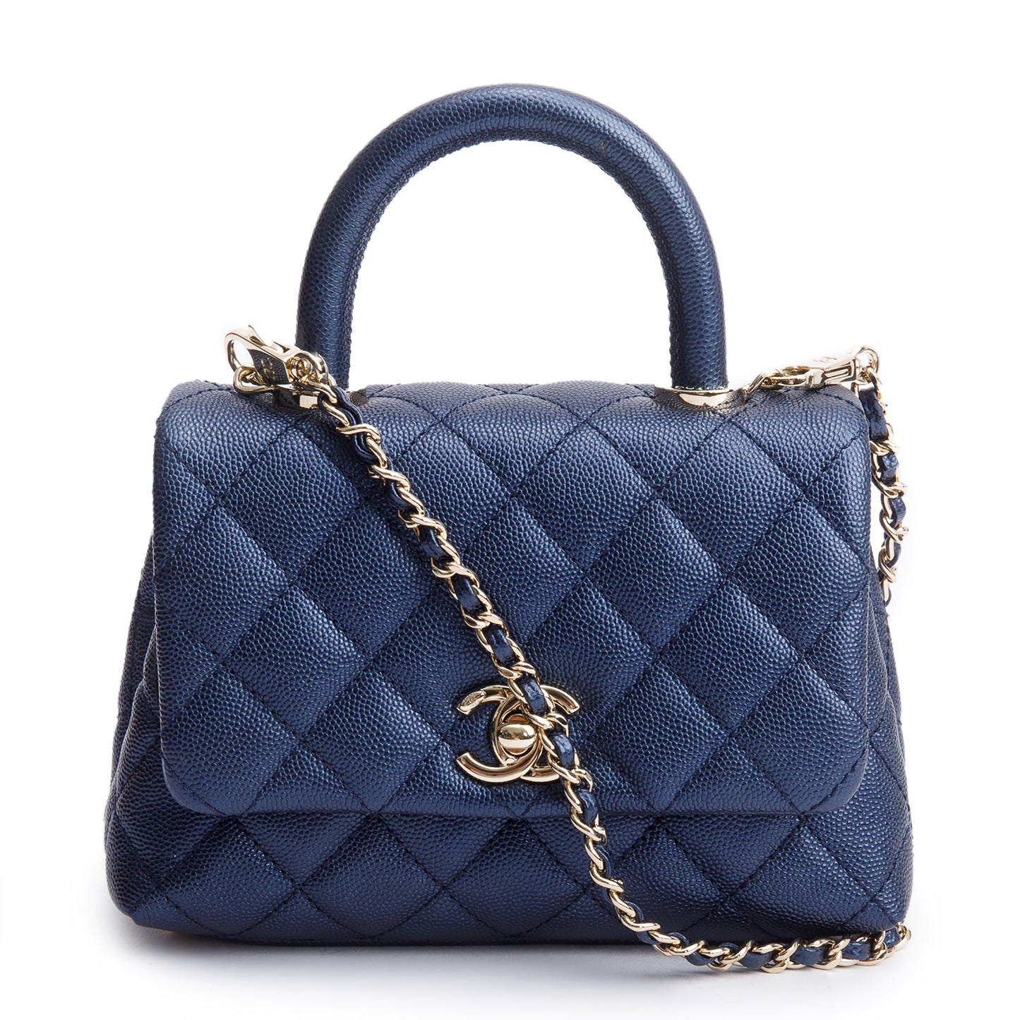 Chanel 2020 Blue Irisdescent Quilted Caviar Leather Mini Coco Top Handle Flap Bag