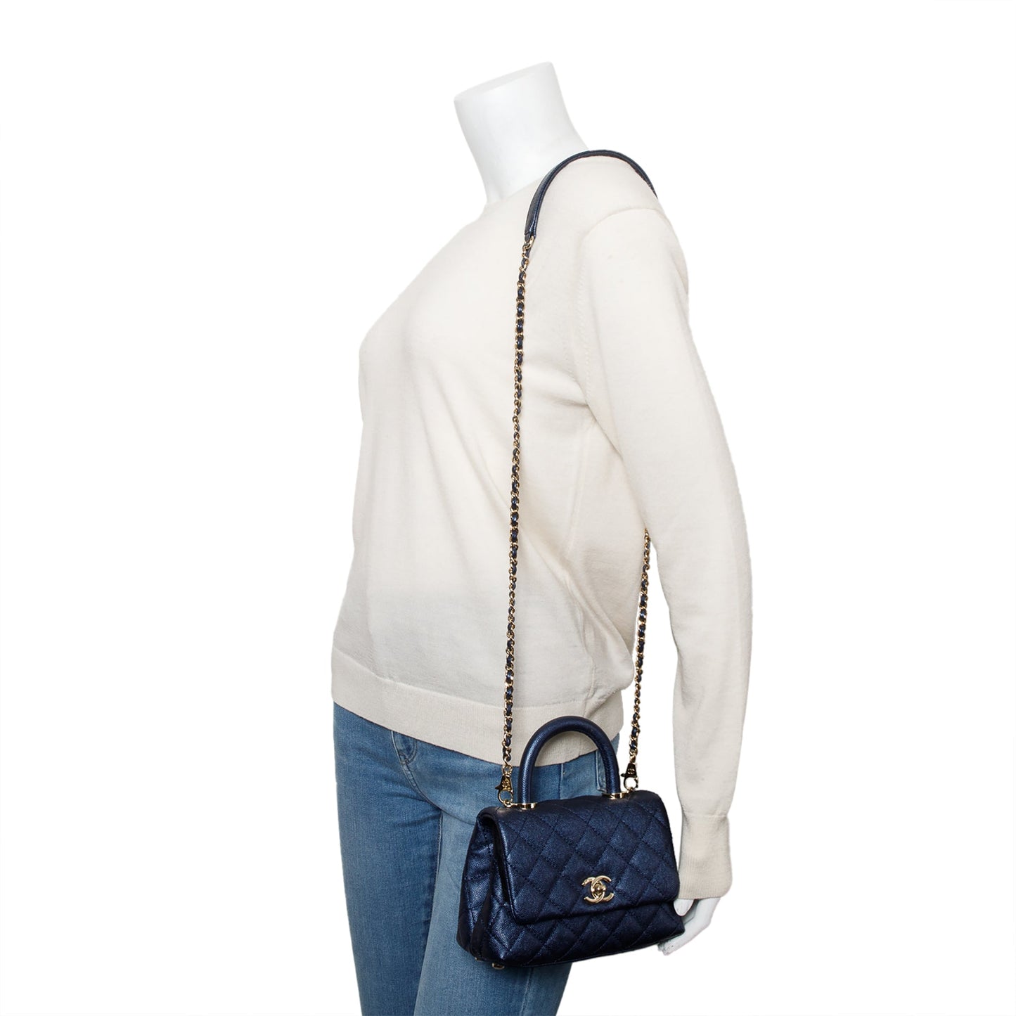 Chanel 2020 Blue Irisdescent Quilted Caviar Leather Mini Coco Top Handle Flap Bag
