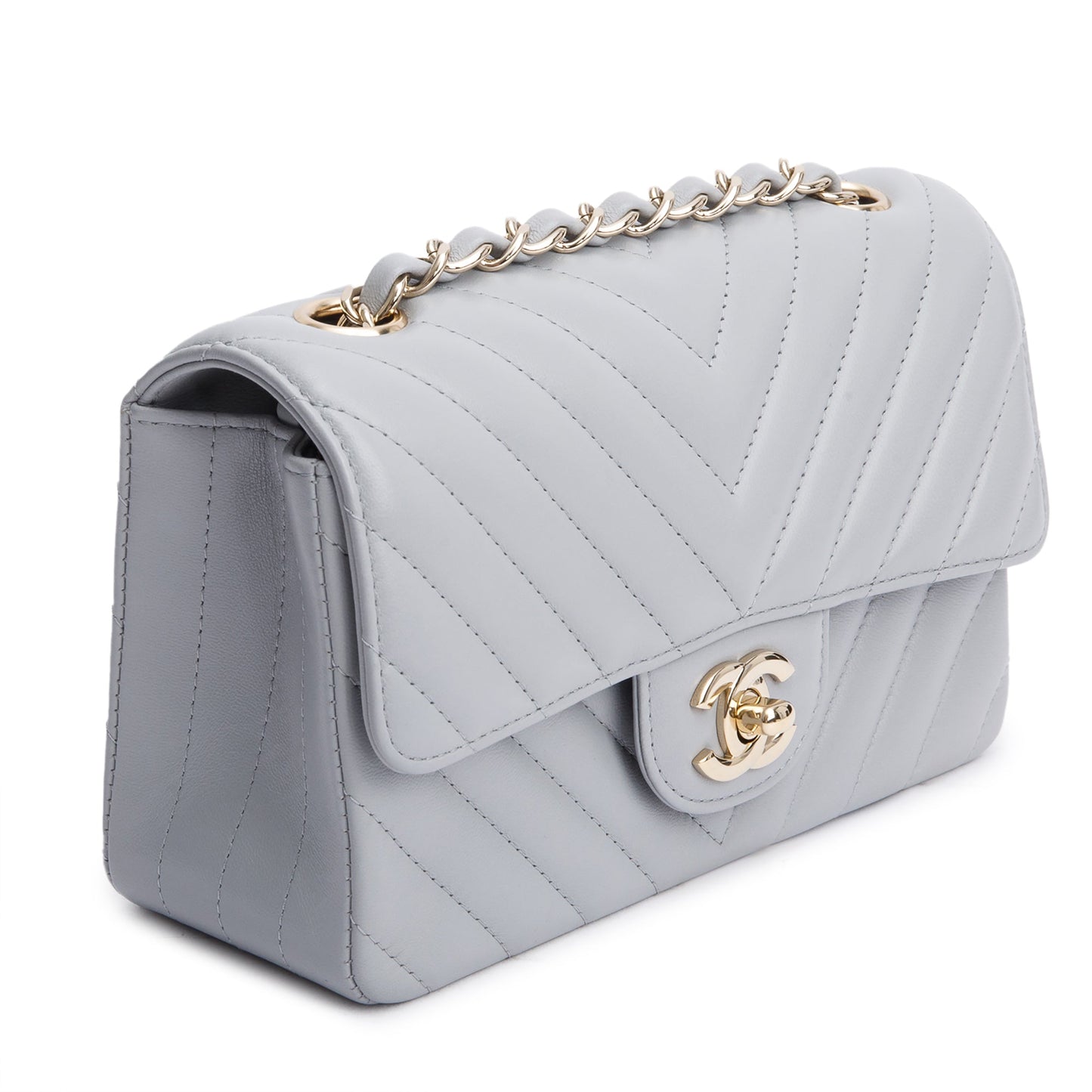 Chanel Grey Chevron Quilted Lambskin Leather Classic Mini Rectangular Flap Bag