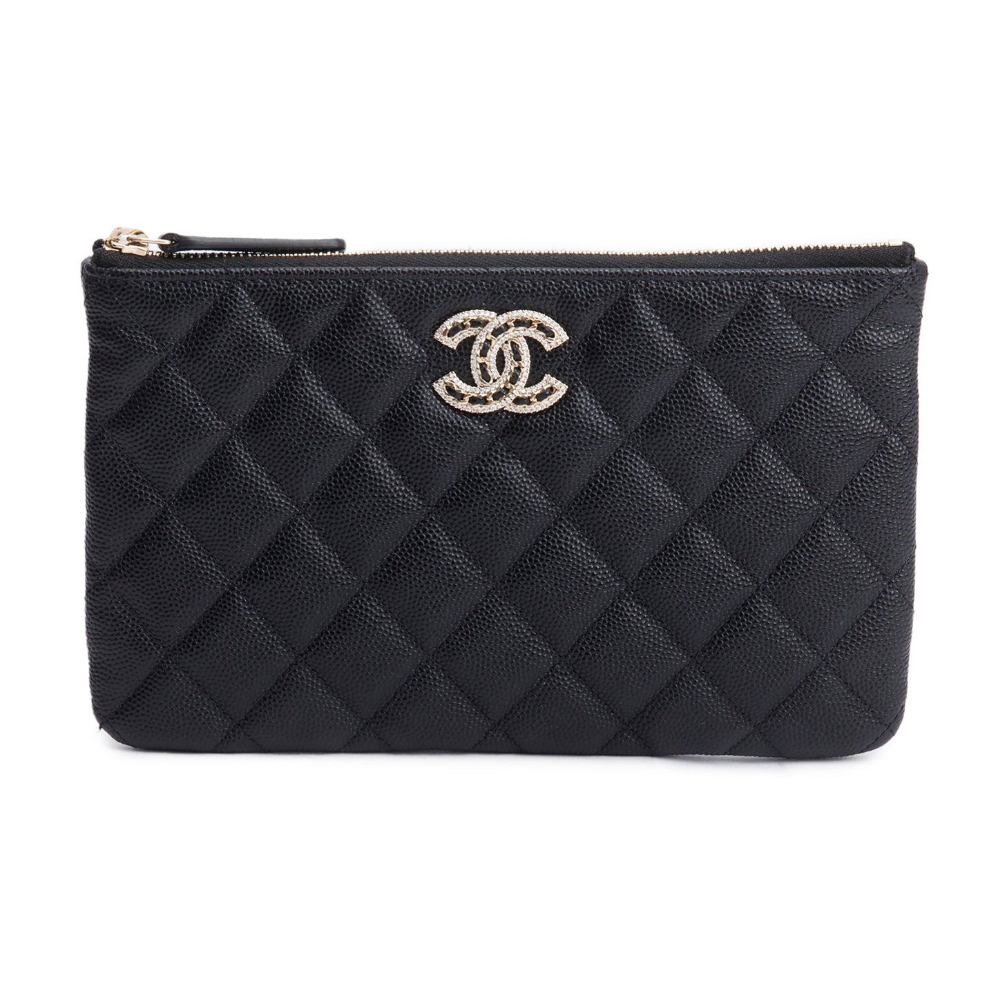 Chanel 2021 Black Quilted Caviar Leather Small O-Case Clutch