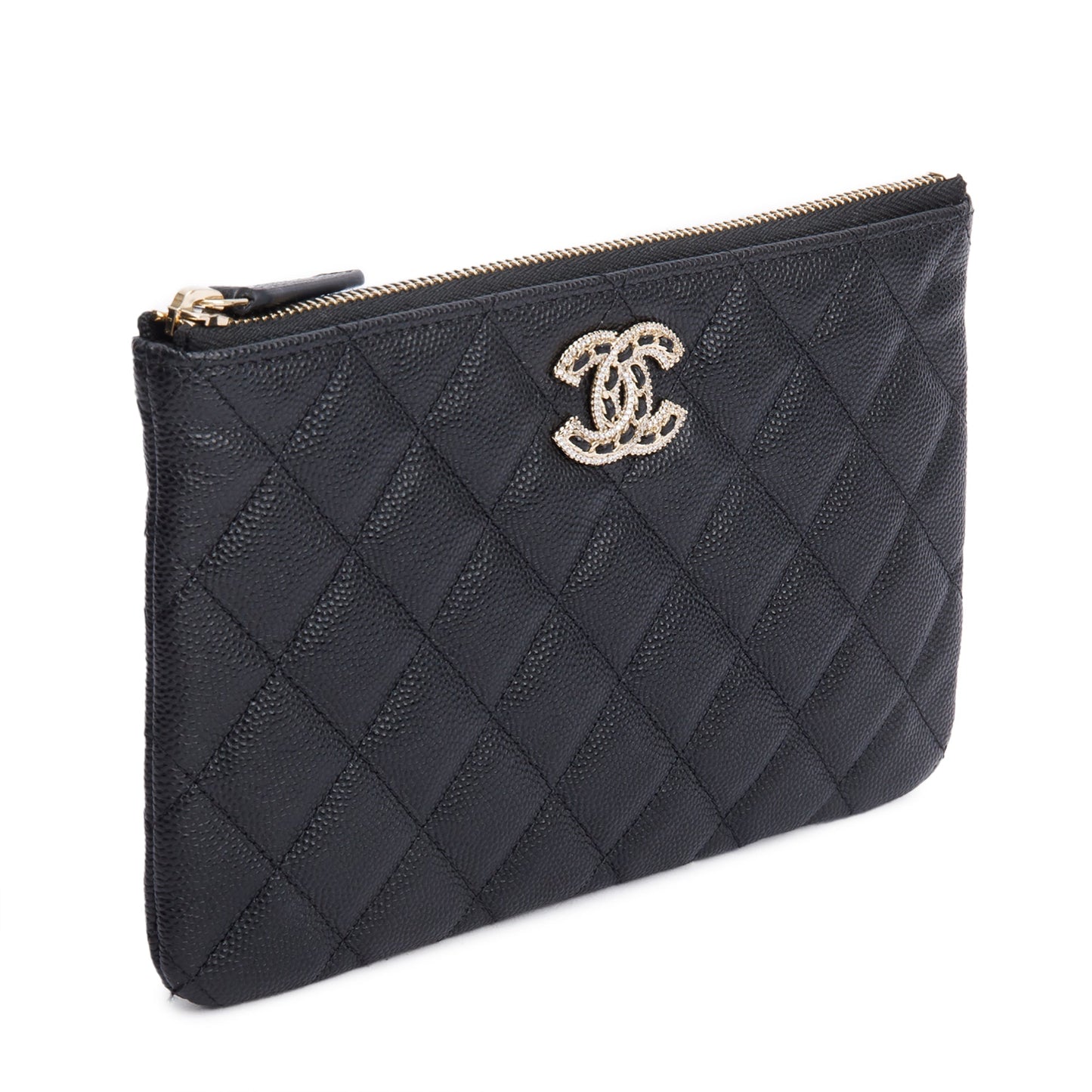 Chanel 2021 Black Quilted Caviar Leather Small O-Case Clutch