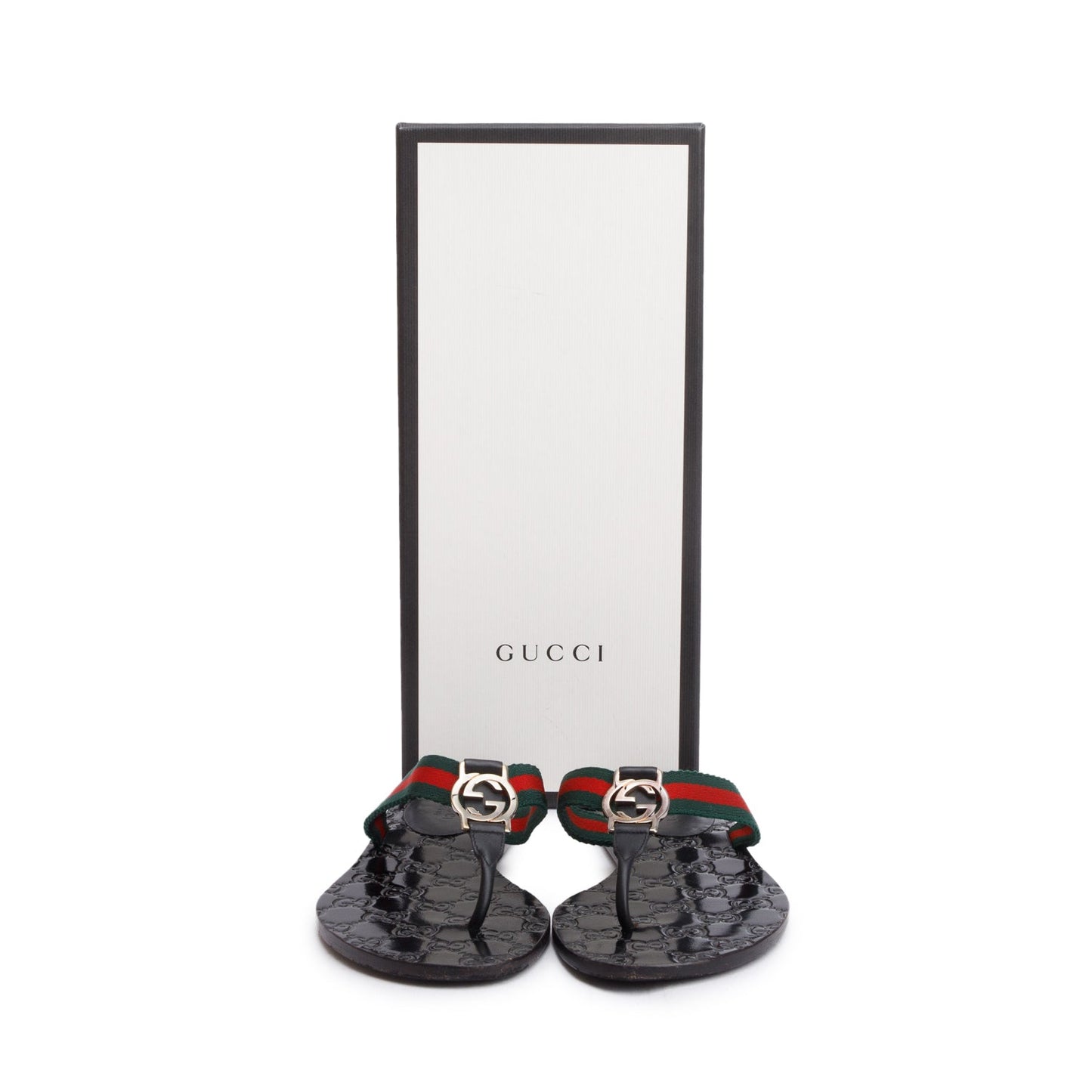 Gucci Black Signature Leather Web Interlocking G Thong Sandals, Size 35.5