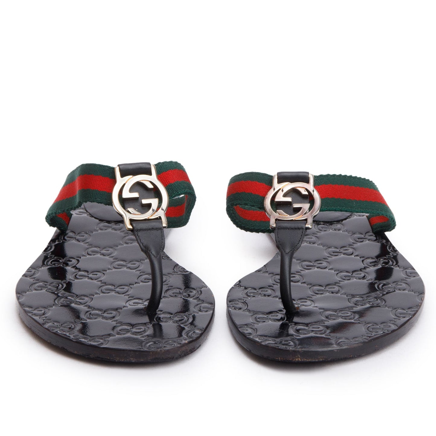Gucci Black Signature Leather Web Interlocking G Thong Sandals, Size 35.5