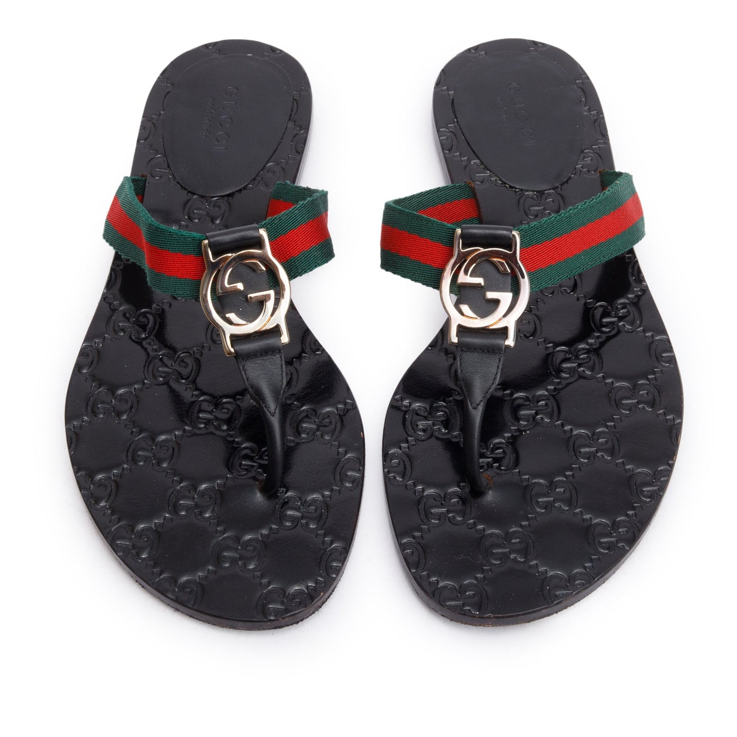 Gucci Black Signature Leather Web Interlocking G Thong Sandals, Size 35.5