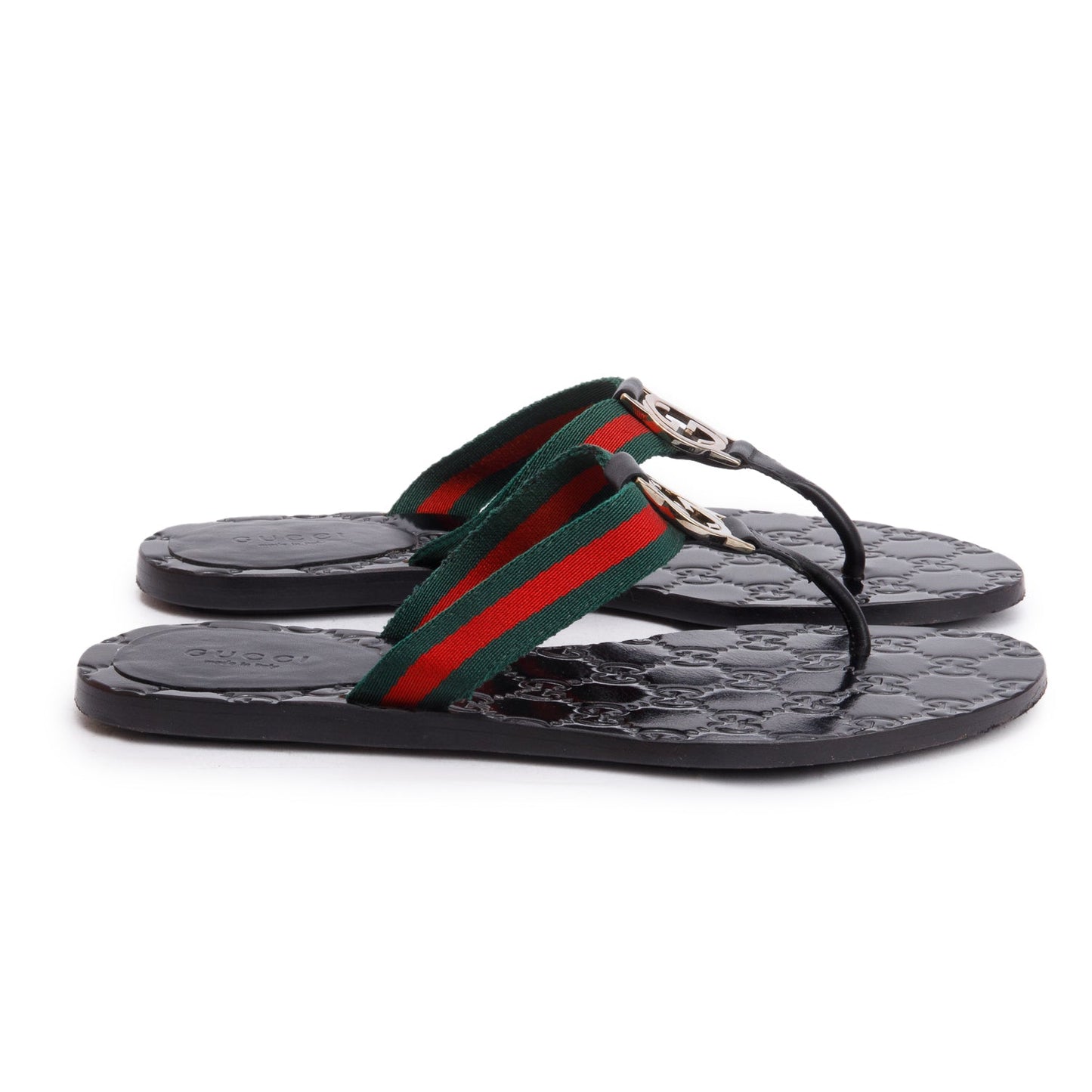 Gucci Black Signature Leather Web Interlocking G Thong Sandals, Size 35.5