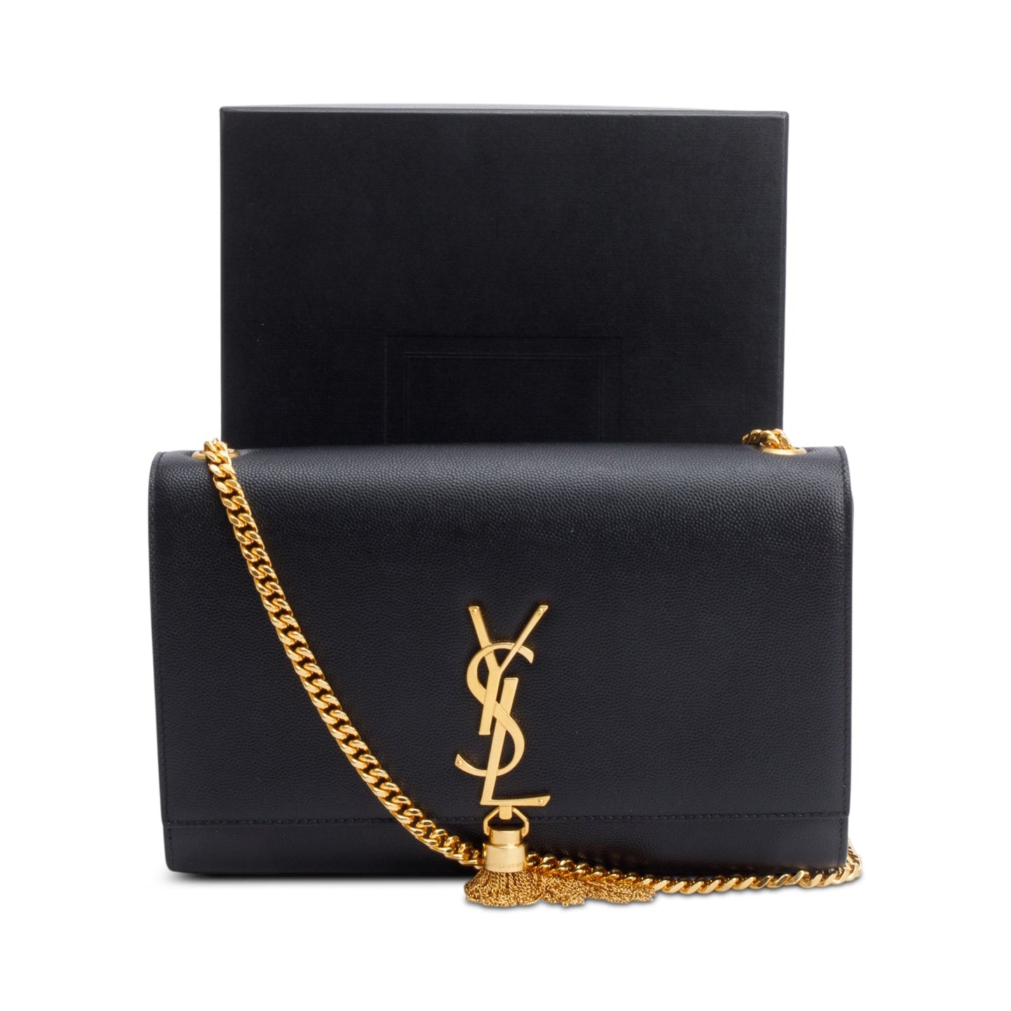 Saint Laurent 2022 Black Grain De Poudre Leather Medium Classic Monogram Kate Tassel Chain Bag