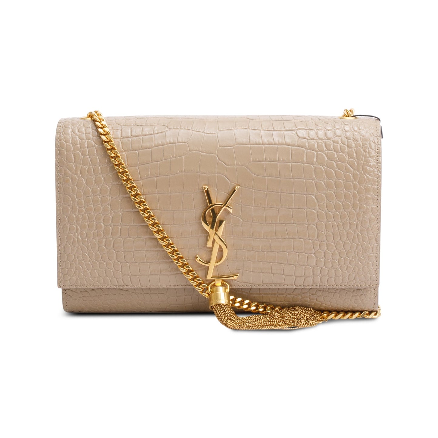 Saint Laurent 2023 Beige Crocodile-Embossed Leather Medium Classic Monogram Kate Tassel Chain Bag
