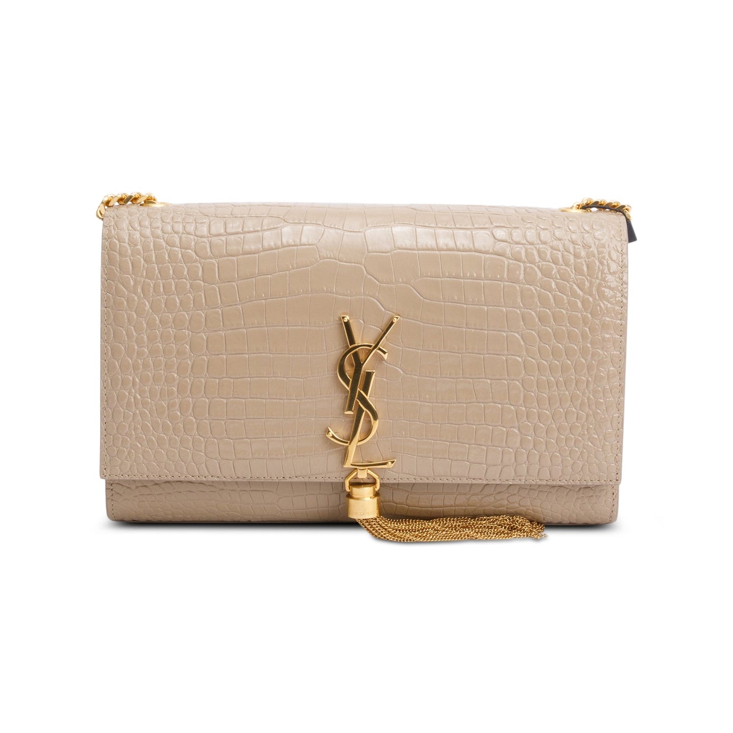 Saint Laurent 2023 Beige Crocodile-Embossed Leather Medium Classic Monogram Kate Tassel Chain Bag