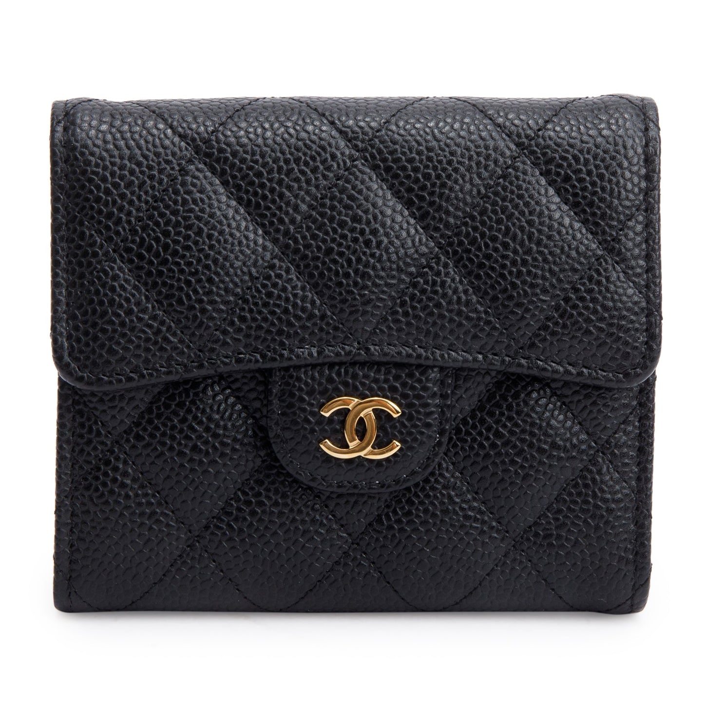 Chanel 2023 Black Quilted Caviar Leather Classic Interlocking CC Logo Trifold Compact Wallet