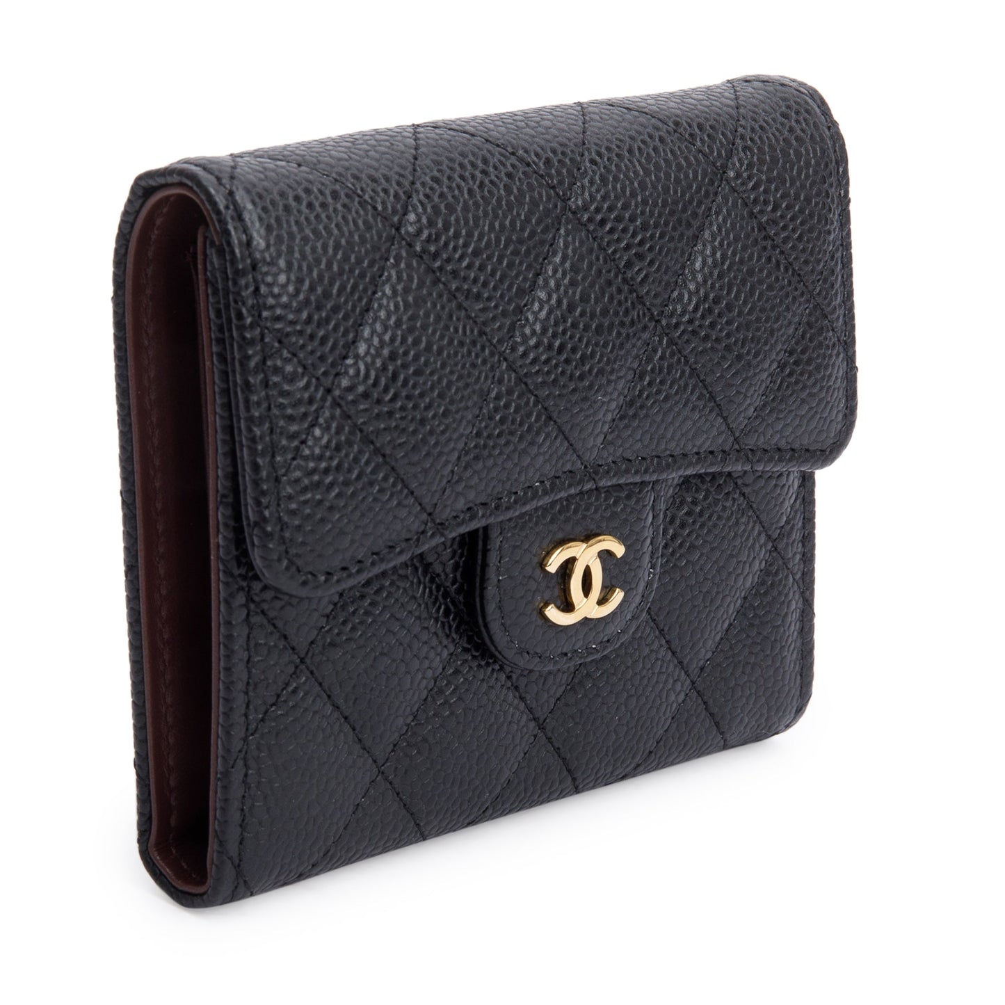 Chanel 2023 Black Quilted Caviar Leather Classic Interlocking CC Logo Trifold Compact Wallet