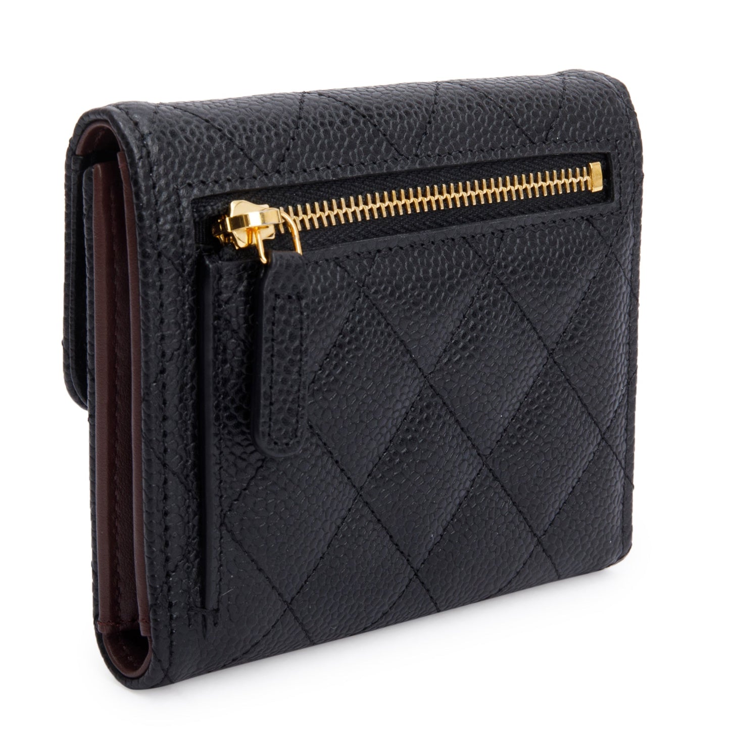 Chanel 2023 Black Quilted Caviar Leather Classic Interlocking CC Logo Trifold Compact Wallet