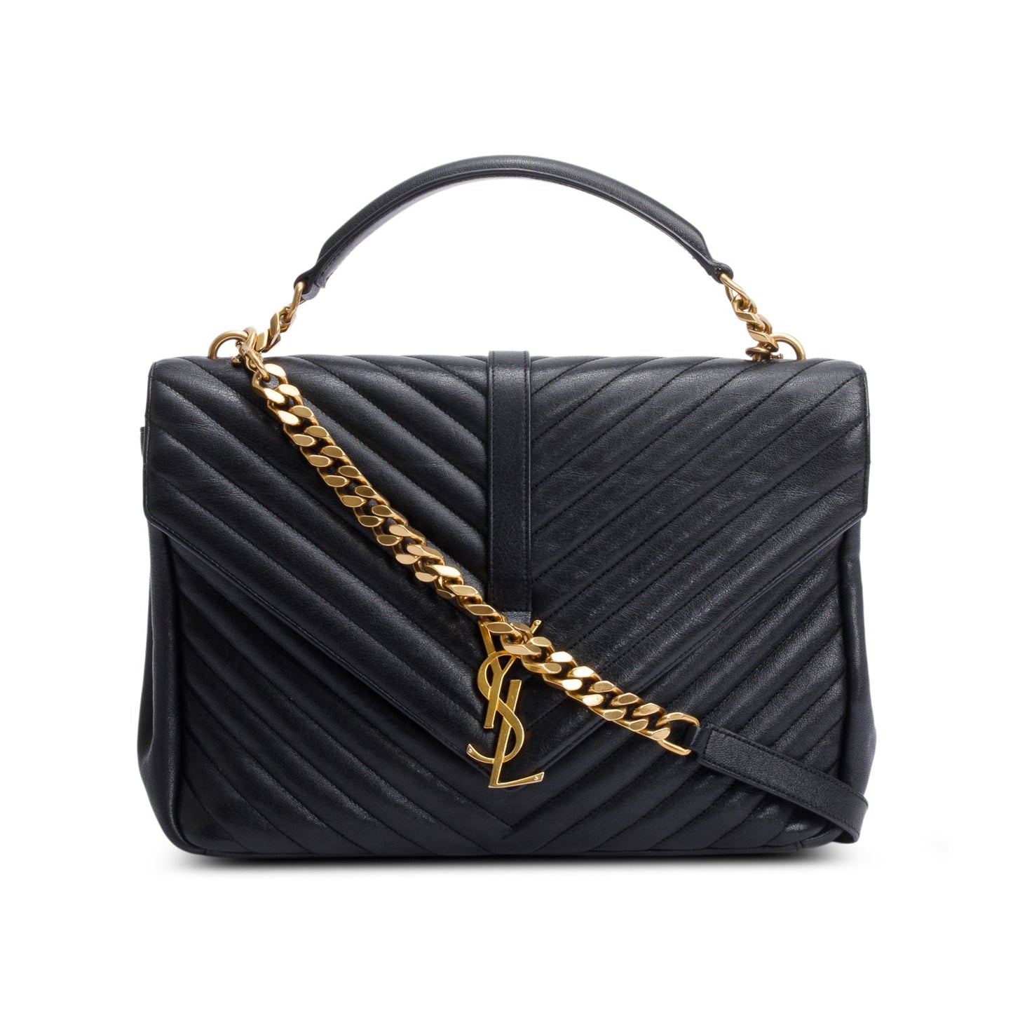 Saint Laurent Black Leather Large Chevron College Bag