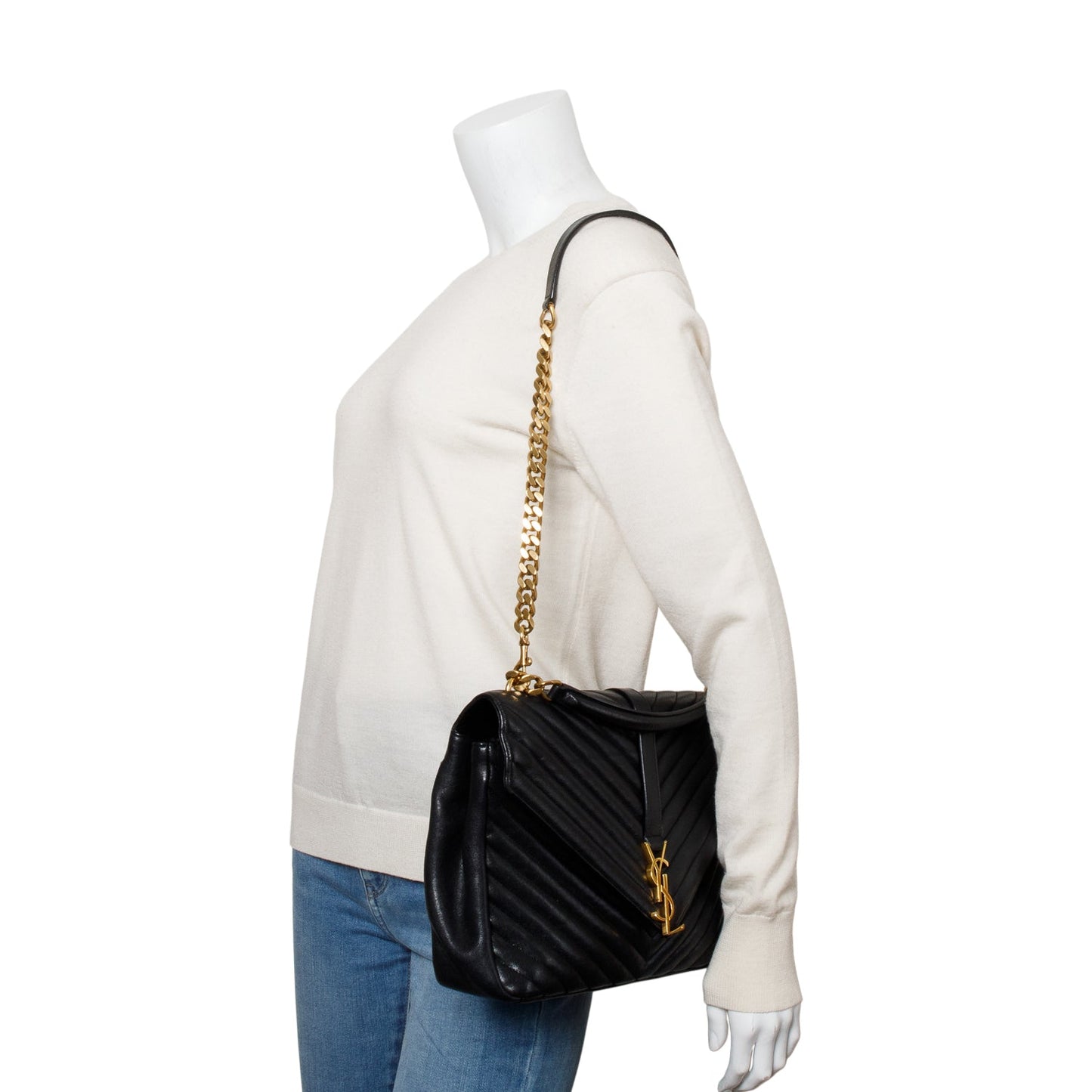Saint Laurent Black Leather Large Chevron College Bag