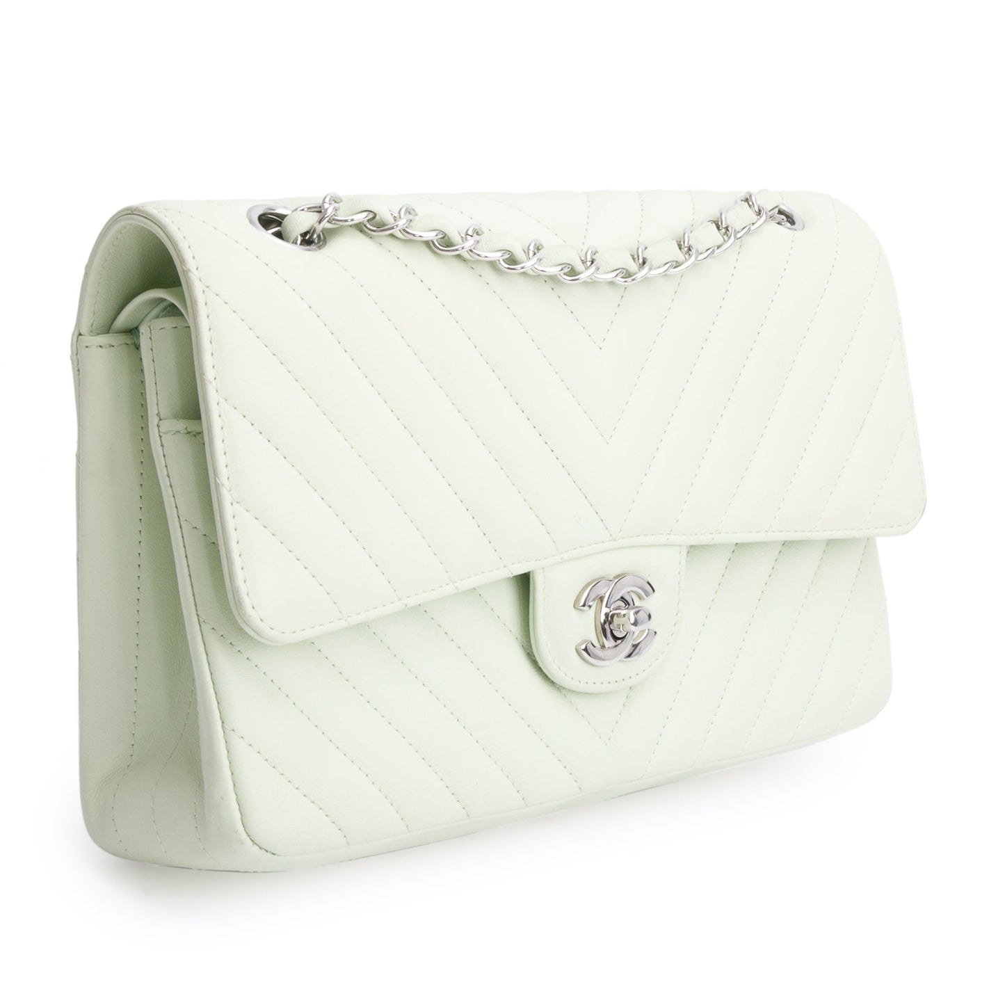 Chanel Green Chevron Lambskin Leather Classic Medium Double Flap Bag