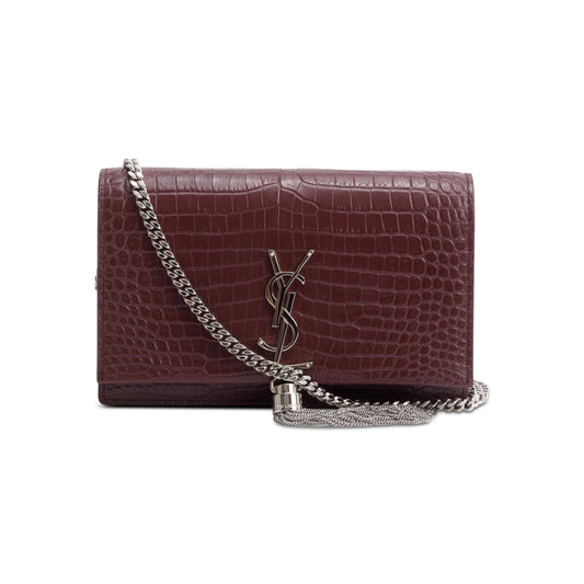 Saint Laurent Burgundy Croc Embossed Leather Kate Tassel Wallet on Chain