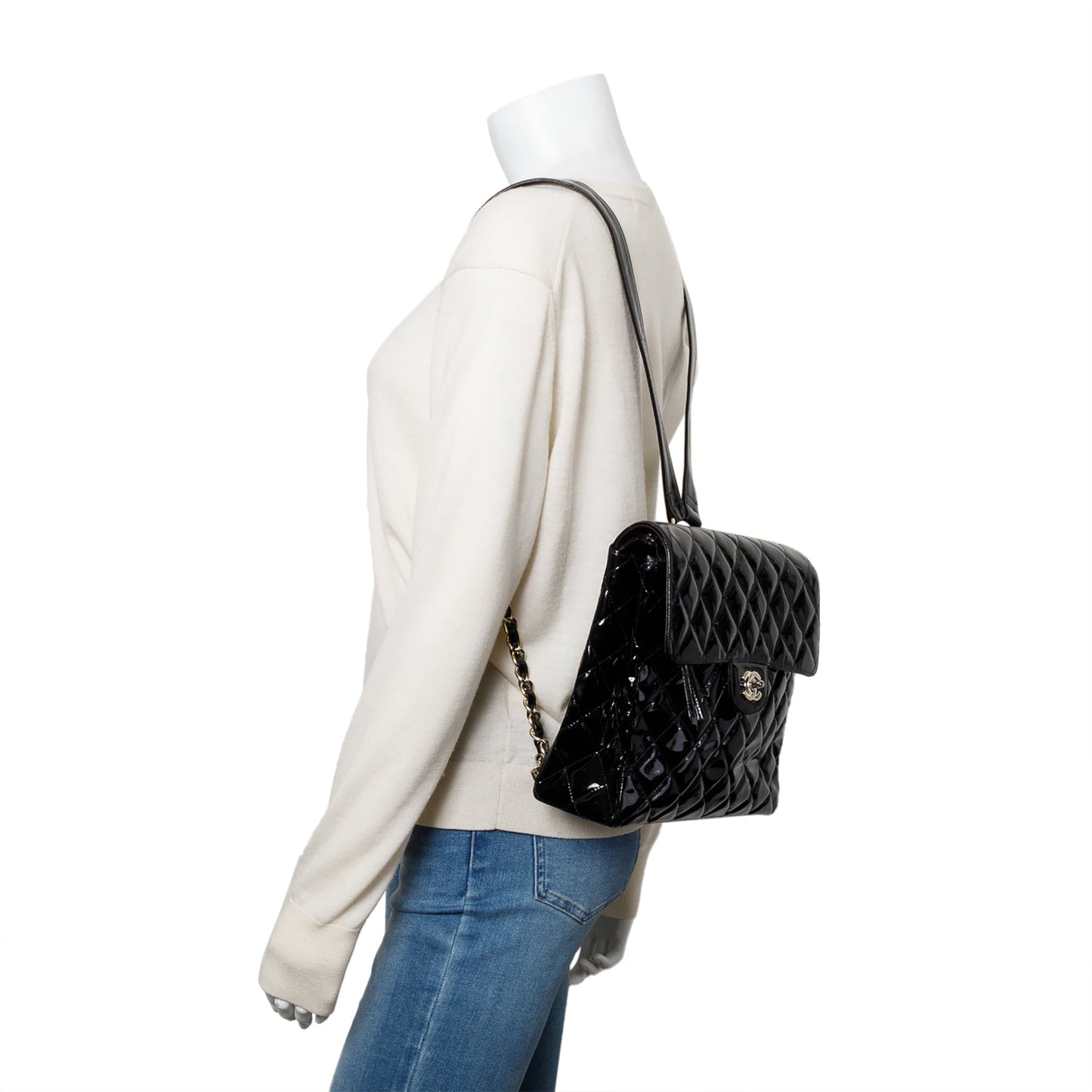Chanel Vintage Black Quilted Patent Leather Classic Flap Backpack