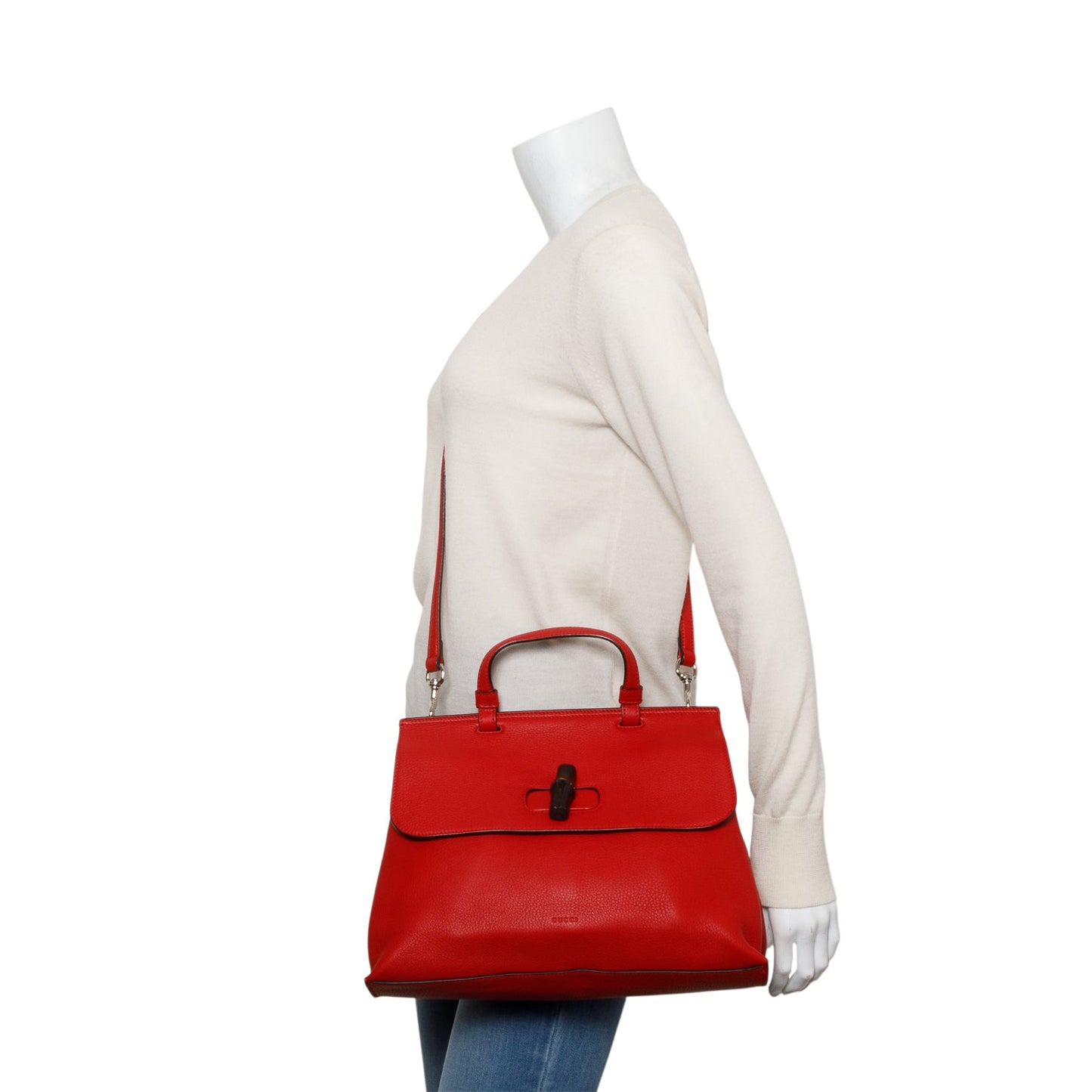 Gucci Red Calfskin Leather Medium Bamboo Daily Bag