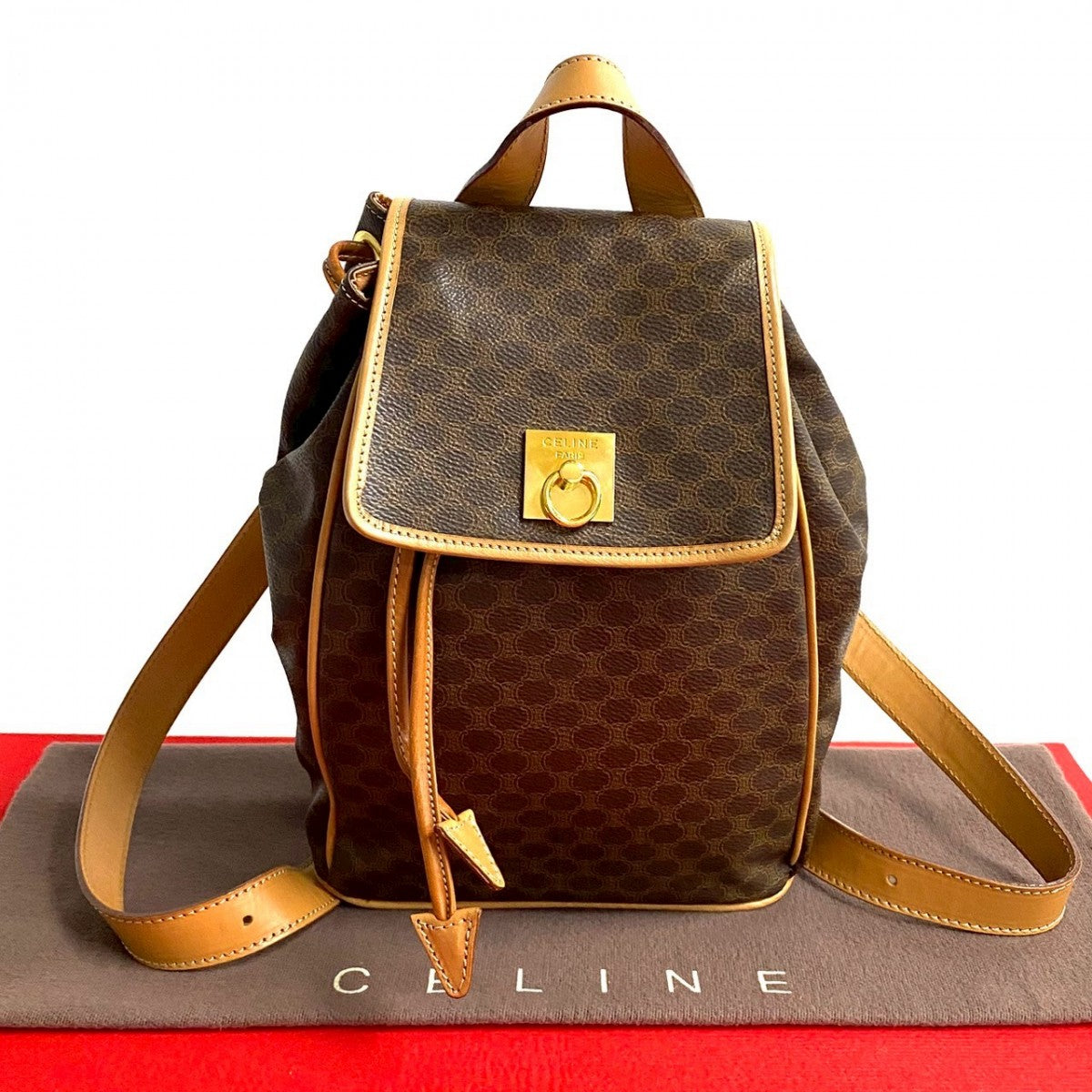 CELINE Backpack Leather, PVC Brown RingMetal logo Macadam Blason TriomphePattern Women