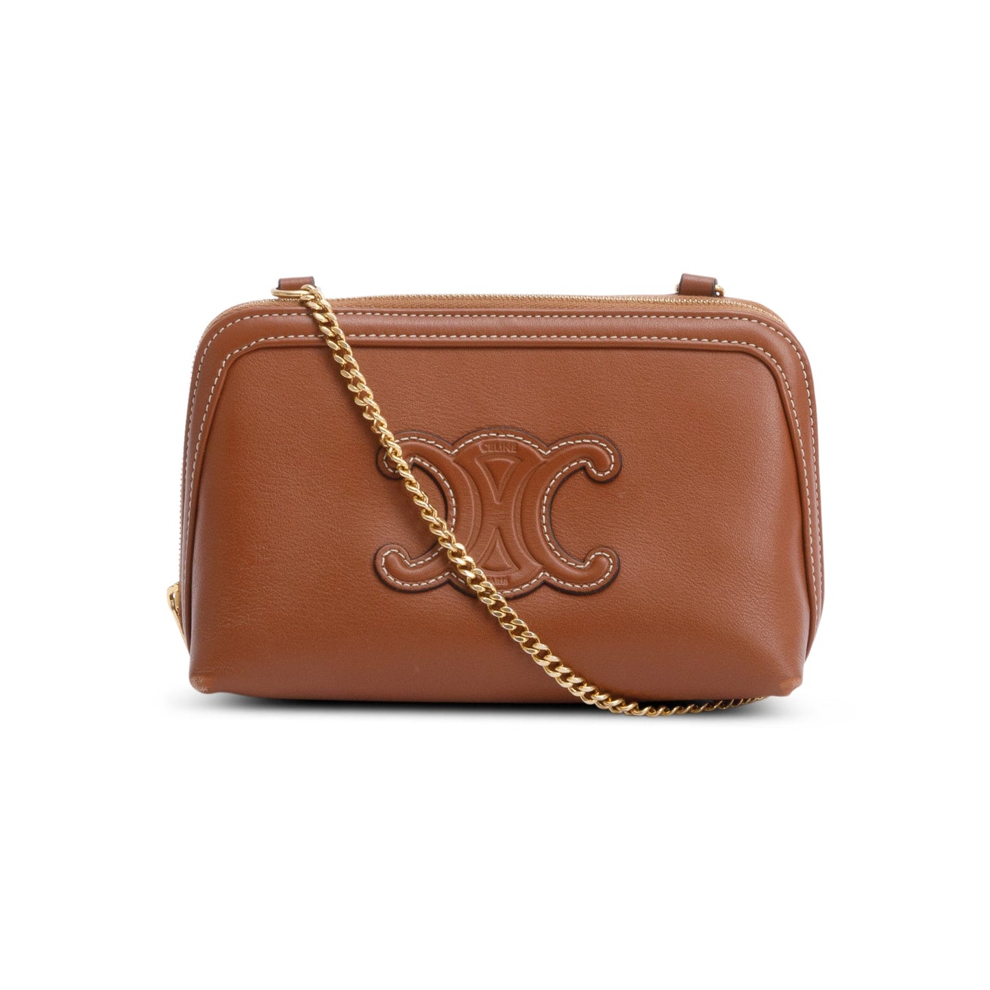 Celine 2022 Tan Calfskin Leather Triomphe Clutch On Chain