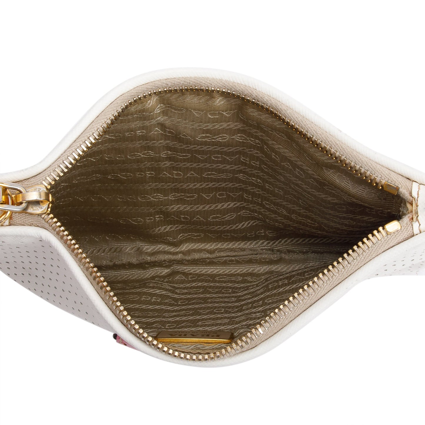 Prada White/Pink Saffiano Cuir Perforated Clutch