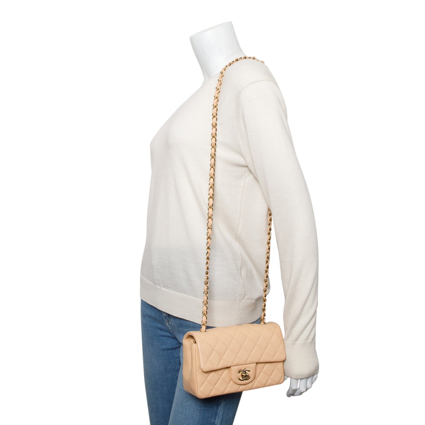 Chanel 2025 Beige Quilted Lambskin Leather Classic Mini Rectangular Flap Bag