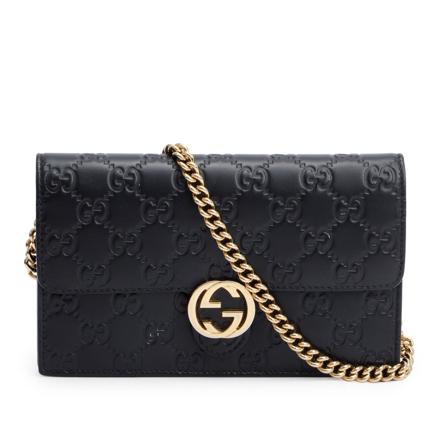 Gucci Black Guccissima Leather Interlocking G Icon Signature Wallet on Chain