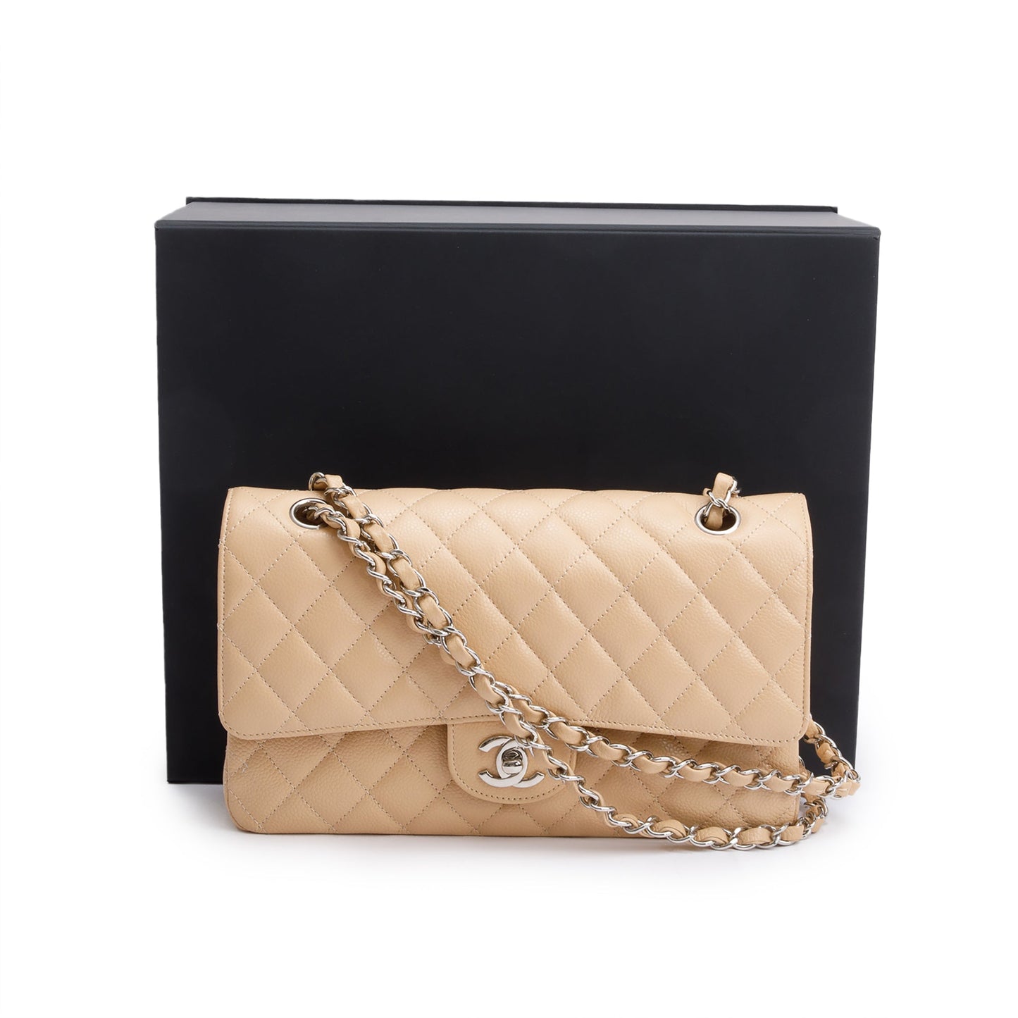 Chanel Beige Quilted Caviar Leather Classic Medium Double Flap Bag
