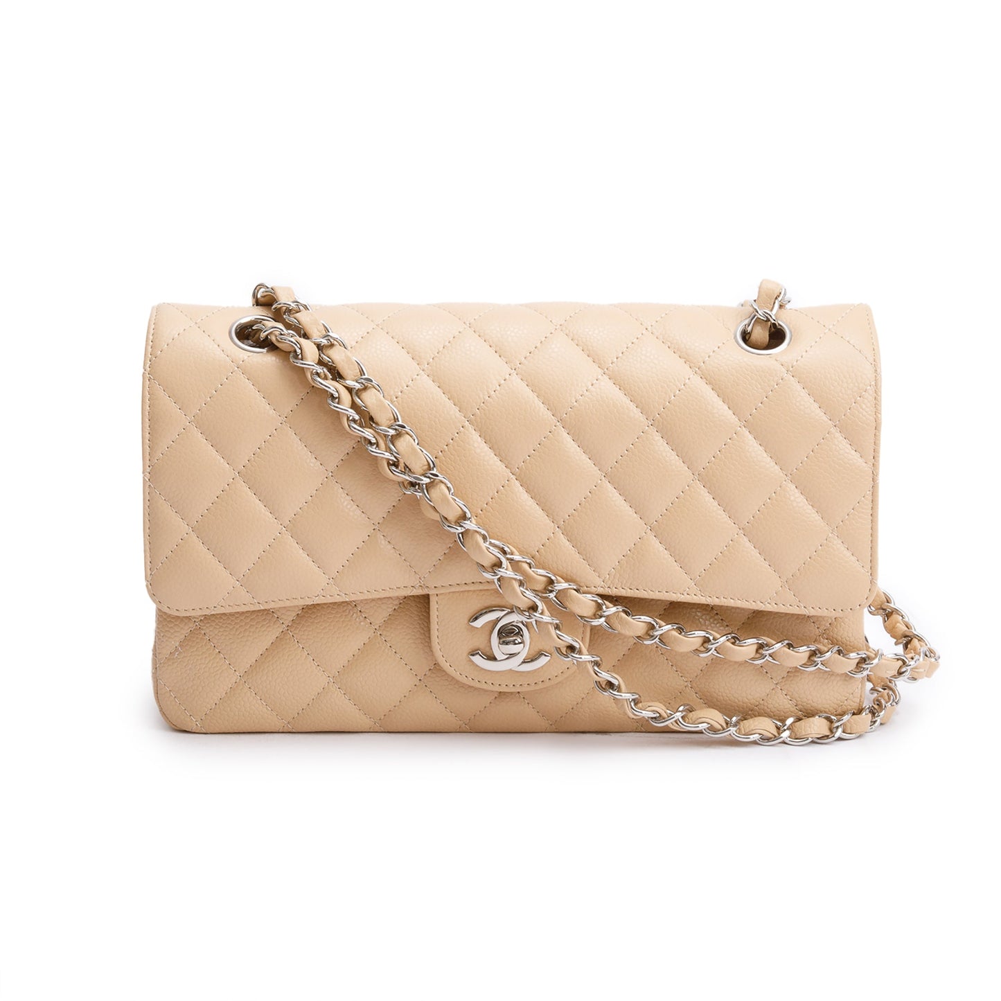 Chanel Beige Quilted Caviar Leather Classic Medium Double Flap Bag