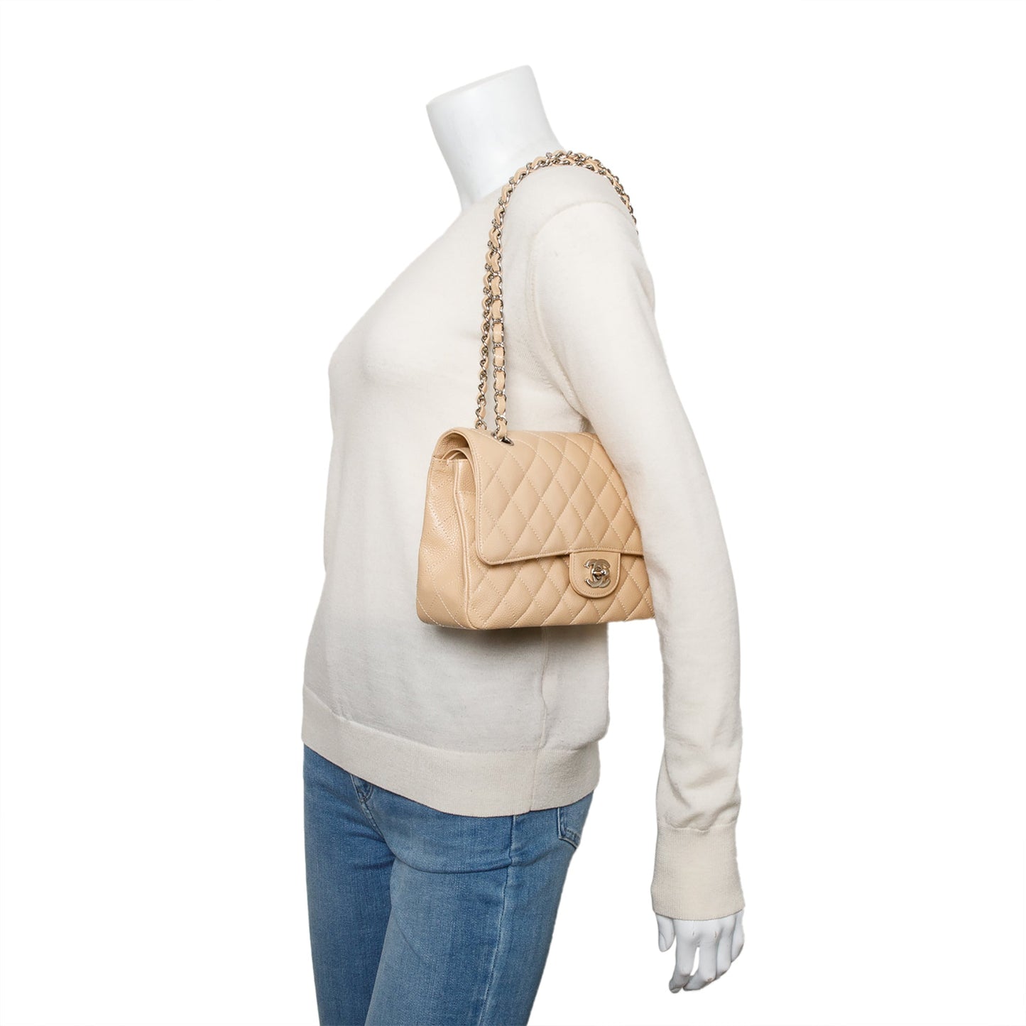 Chanel Beige Quilted Caviar Leather Classic Medium Double Flap Bag