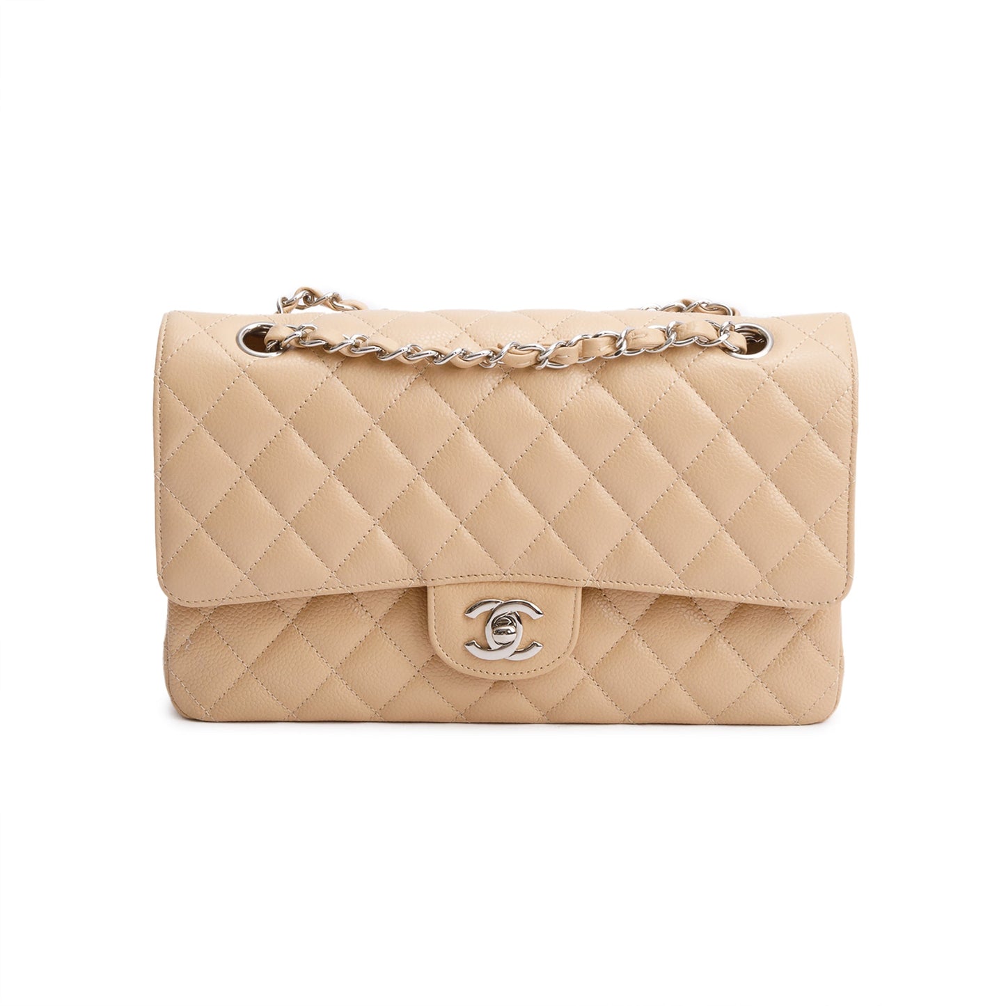 Chanel Beige Quilted Caviar Leather Classic Medium Double Flap Bag