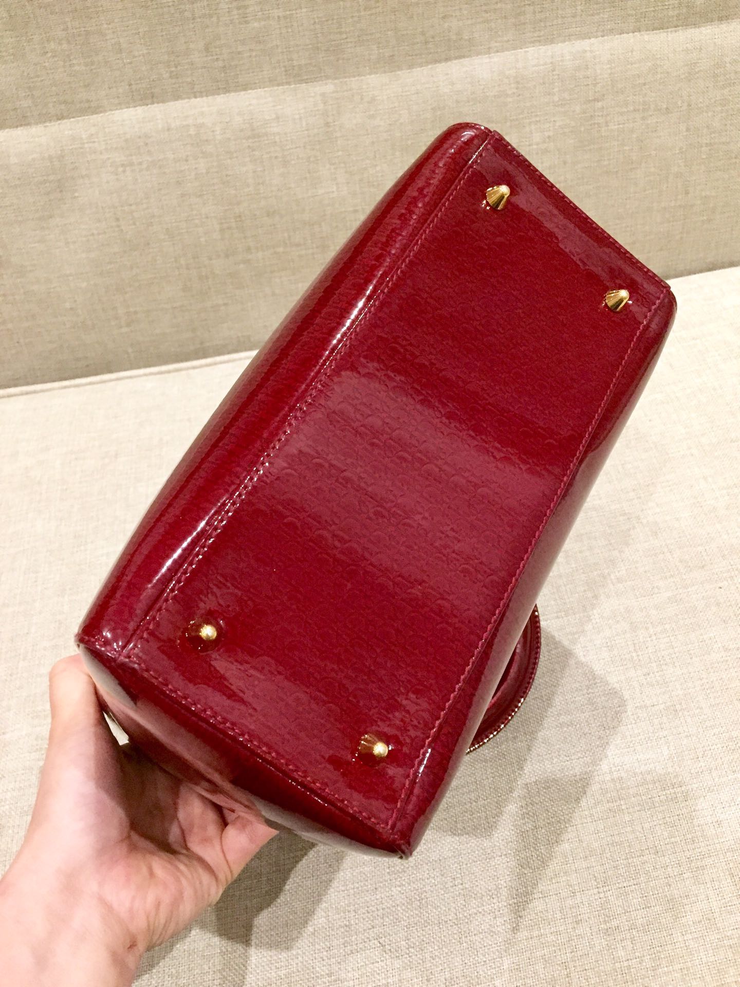 Lady Dior Vintage Medium Red Patent Leather Monogram Embossed Handbag Gold Hardware