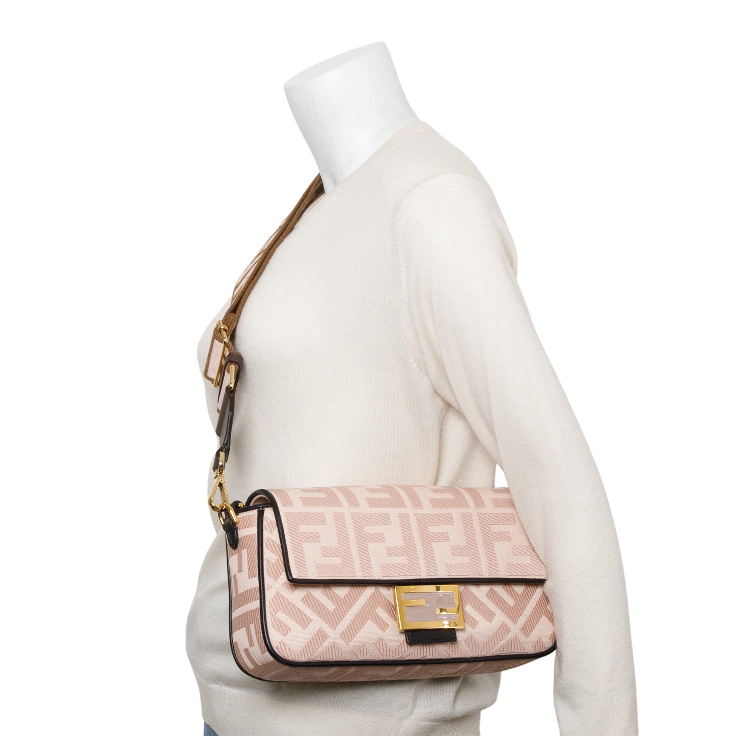 Fendi 2020 Pink FF Embroidered Canvas Baguette Shoulder Bag