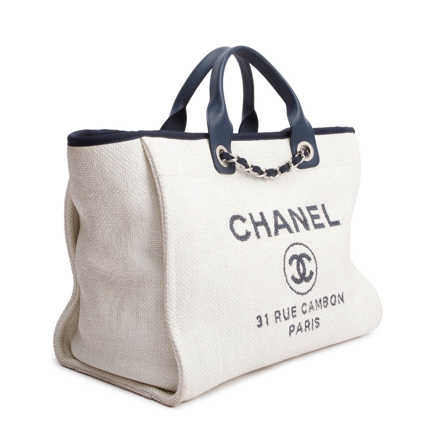 Chanel White Canvas Navy Calfskin Leather Trim Medium Deauville Shopping Tote