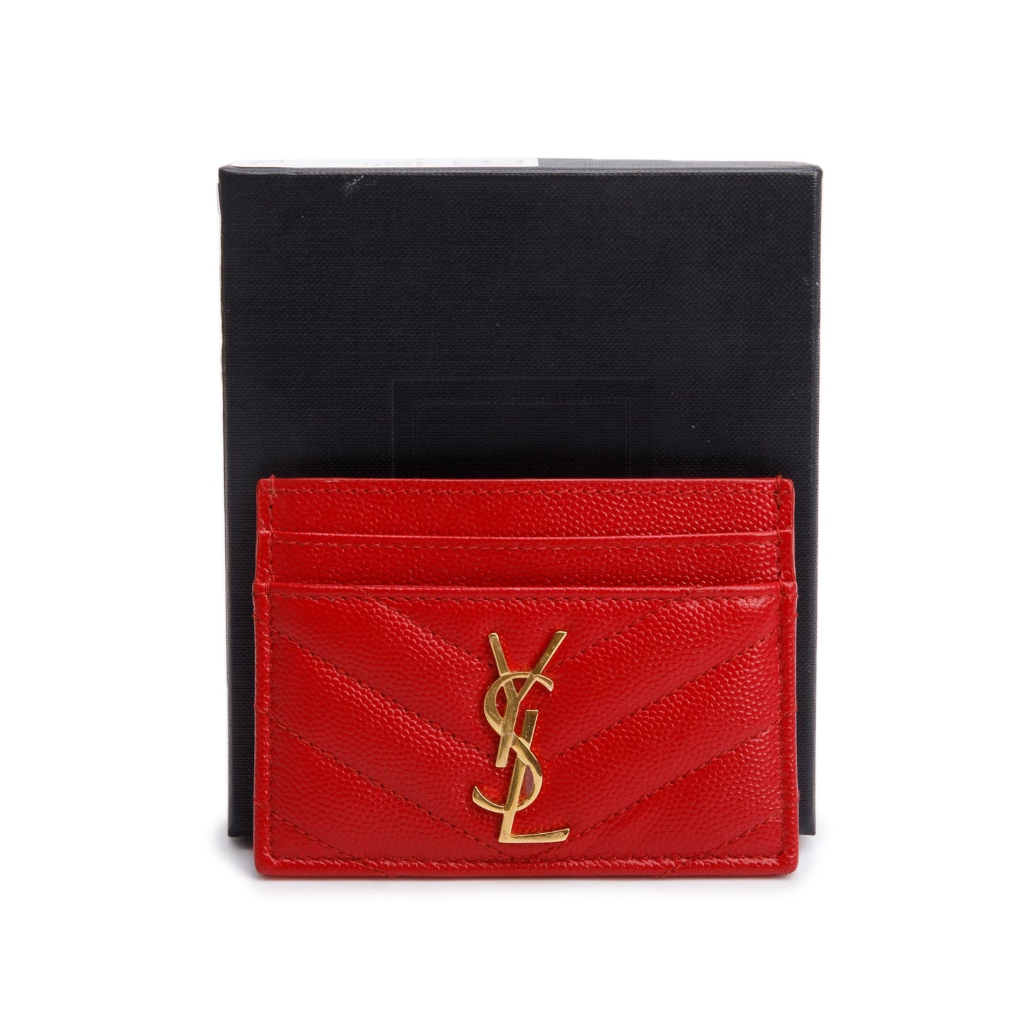 Saint Laurent Red Grain de Poudre Matelasse Chevron Leather Card Case