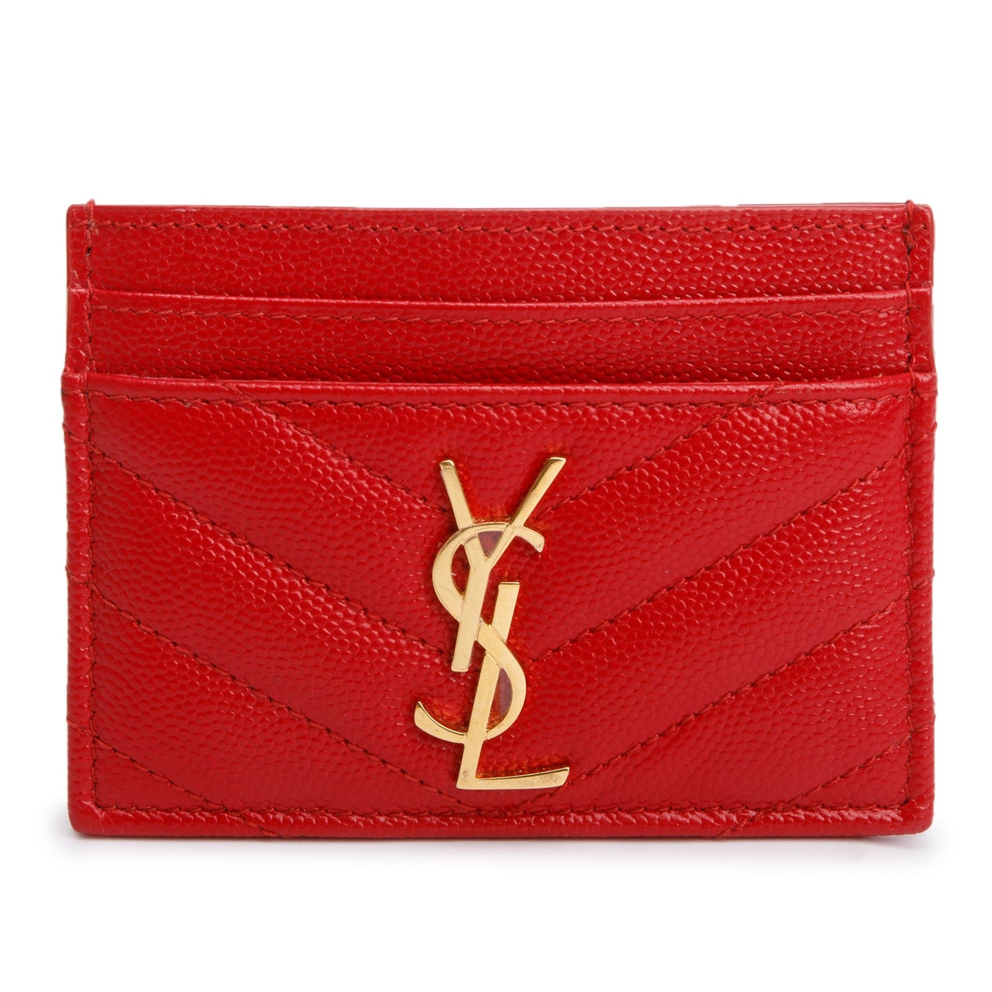 Saint Laurent Red Grain de Poudre Matelasse Chevron Leather Card Case