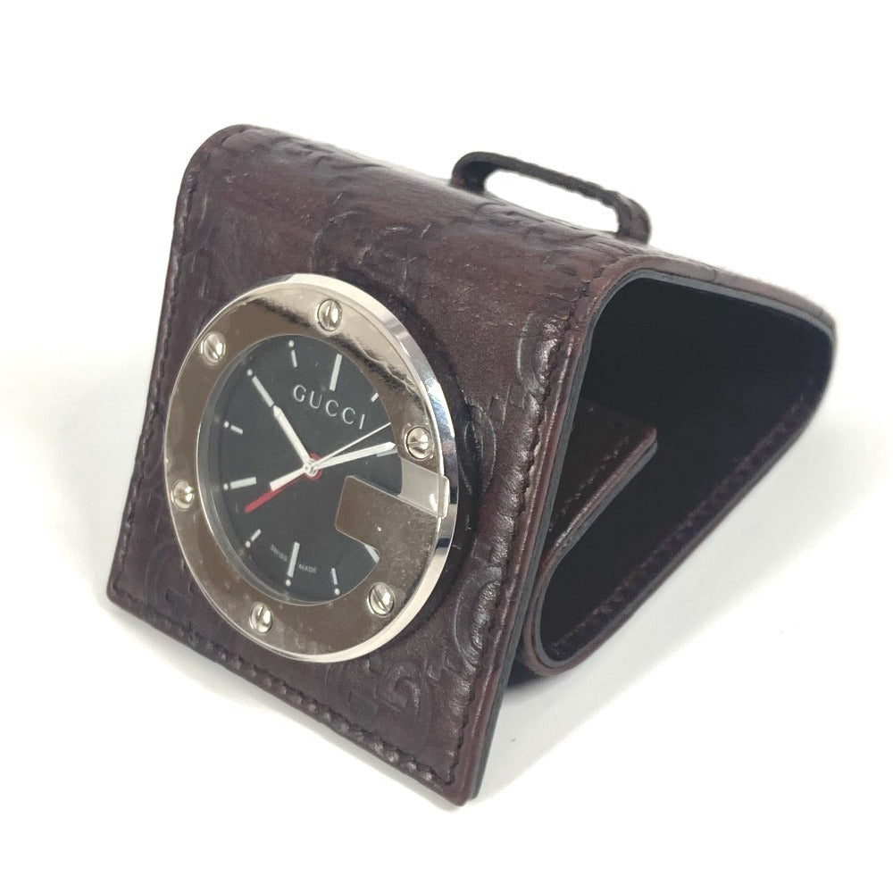 GUCCI Table clock Quartz 200 Sima leather Silver Guccisima GG Travel Clock black dial