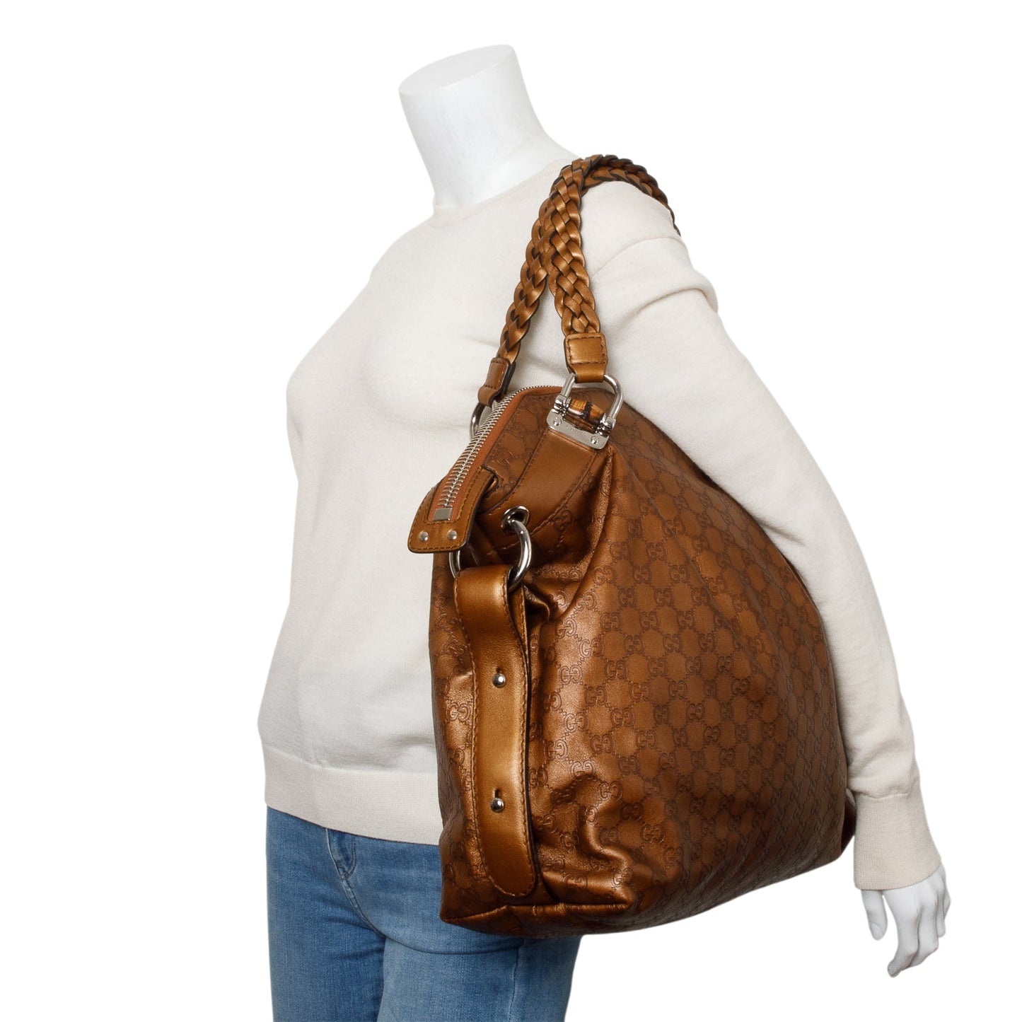 Gucci Metallic Brown GG Signature Leather Medium Bamboo Bar Tote