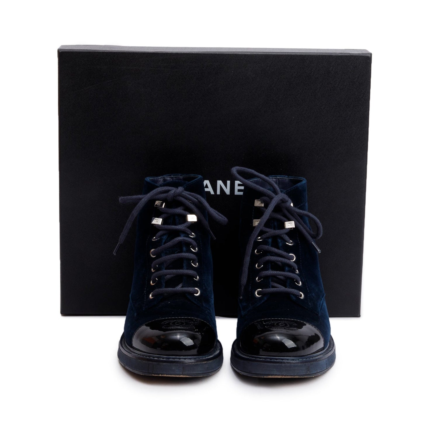 Chanel Blue Velvet Interlocking CC Logo Lace Up Ankle Boots, Size 37