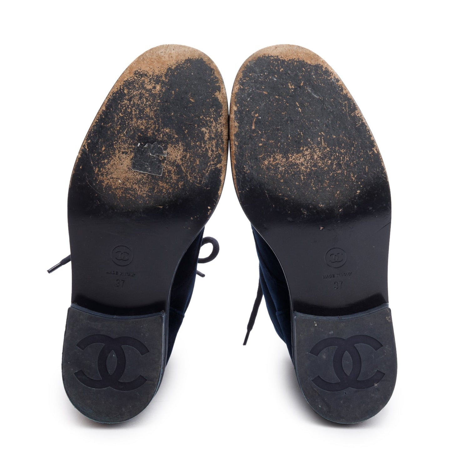Chanel Blue Velvet Interlocking CC Logo Lace Up Ankle Boots, Size 37