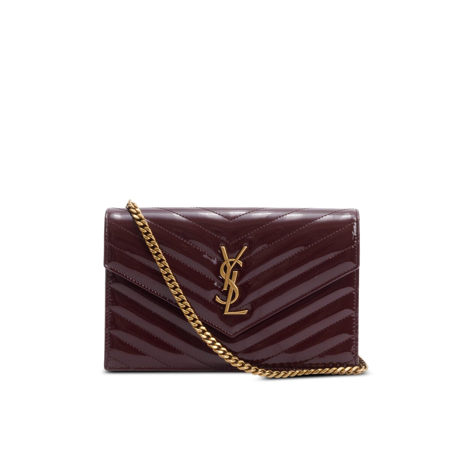 Saint Laurent 2024 Burgundy Patent Leather Cassandre Envelope Chain Wallet