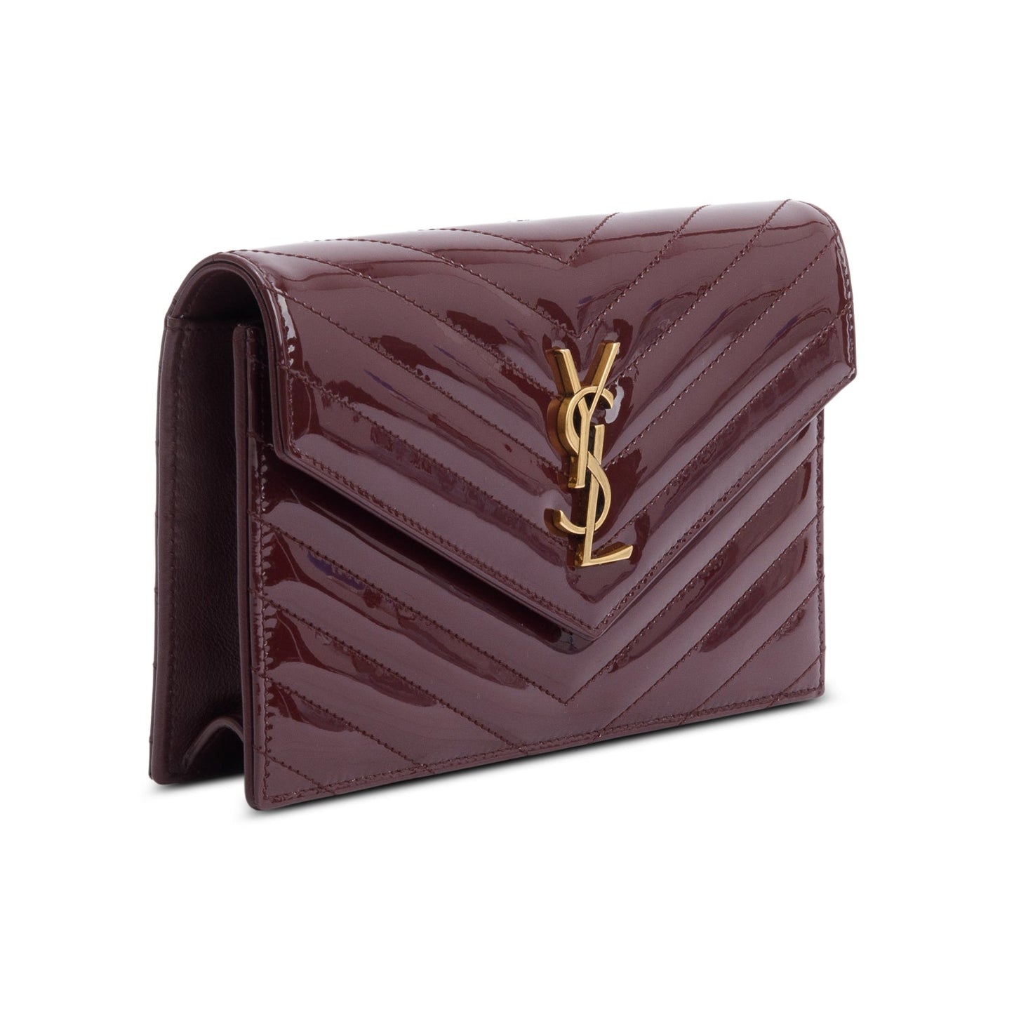 Saint Laurent 2024 Burgundy Patent Leather Cassandre Envelope Chain Wallet
