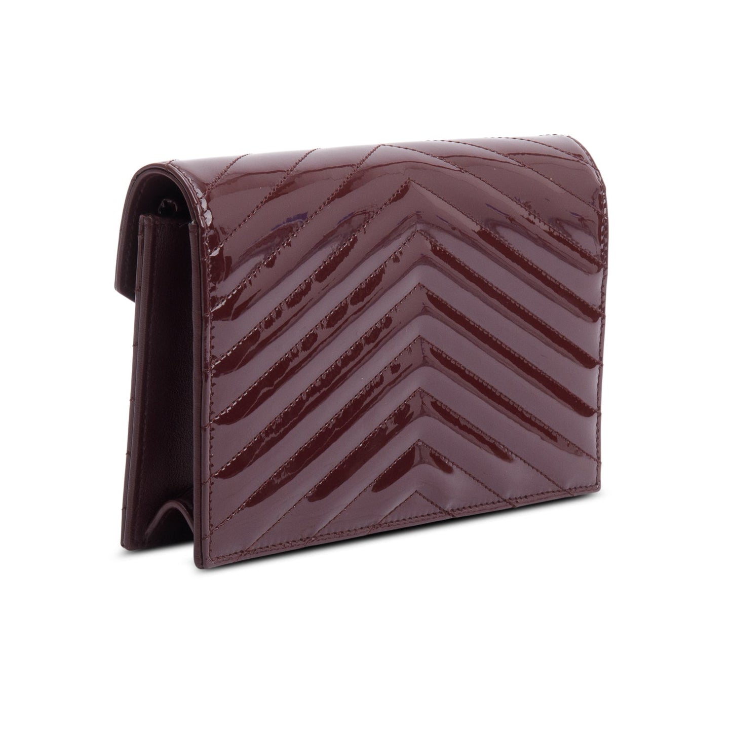 Saint Laurent 2024 Burgundy Patent Leather Cassandre Envelope Chain Wallet
