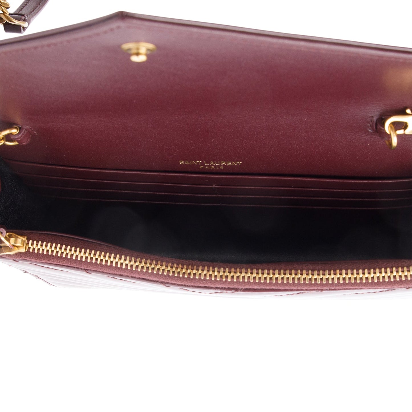 Saint Laurent 2024 Burgundy Patent Leather Cassandre Envelope Chain Wallet